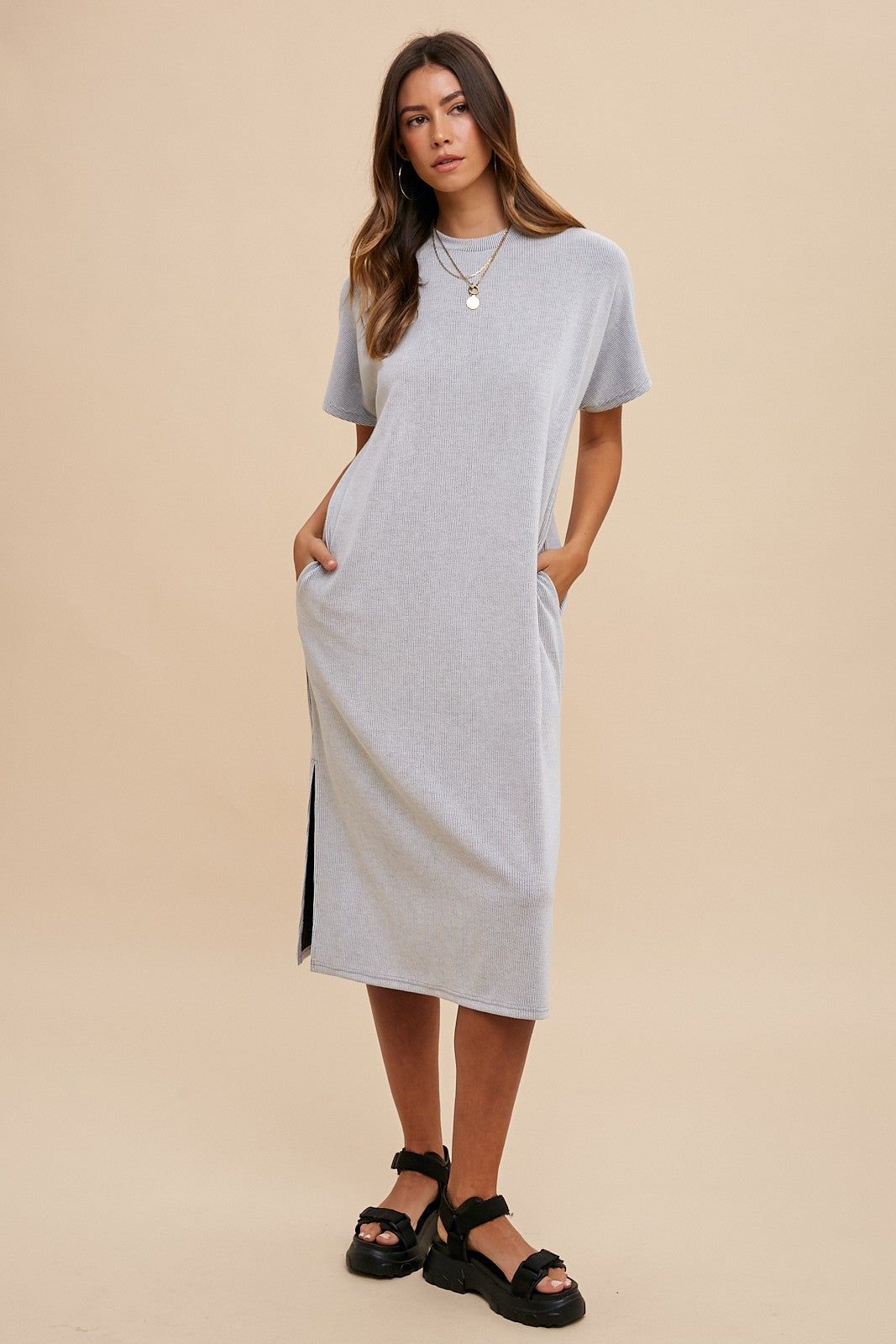 Grey Ribbed Short Dolman Sleeve Side Slit Maternity Midi Dress sold by Pinkblush product image thumbnail 5