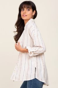Ivory Mocha Striped Linen Button Down Shirt sold by Pinkblush