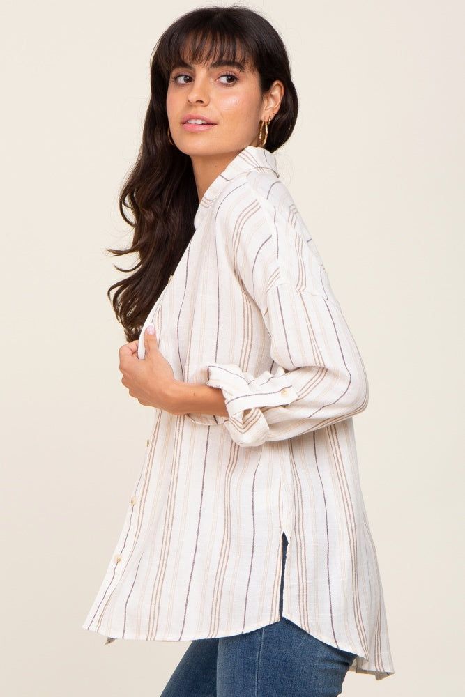 Ivory Mocha Striped Linen Button Down Shirt sold by Pinkblush product image thumbnail 2