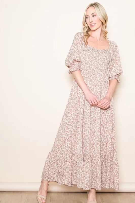 Cream Sweetheart Neck Smocked Ruffle Hem Maxi Dress sold by Pinkblush