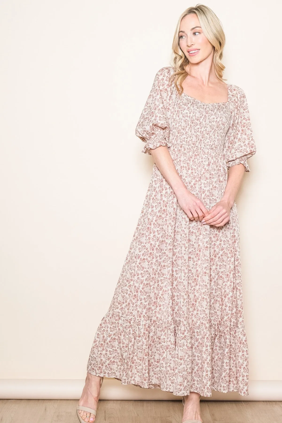 Cream Sweetheart Neck Smocked Ruffle Hem Maxi Dress sold by Pinkblush