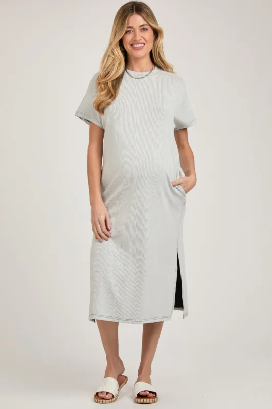 Grey Ribbed Short Dolman Sleeve Side Slit Maternity Midi Dress sold by Pinkblush