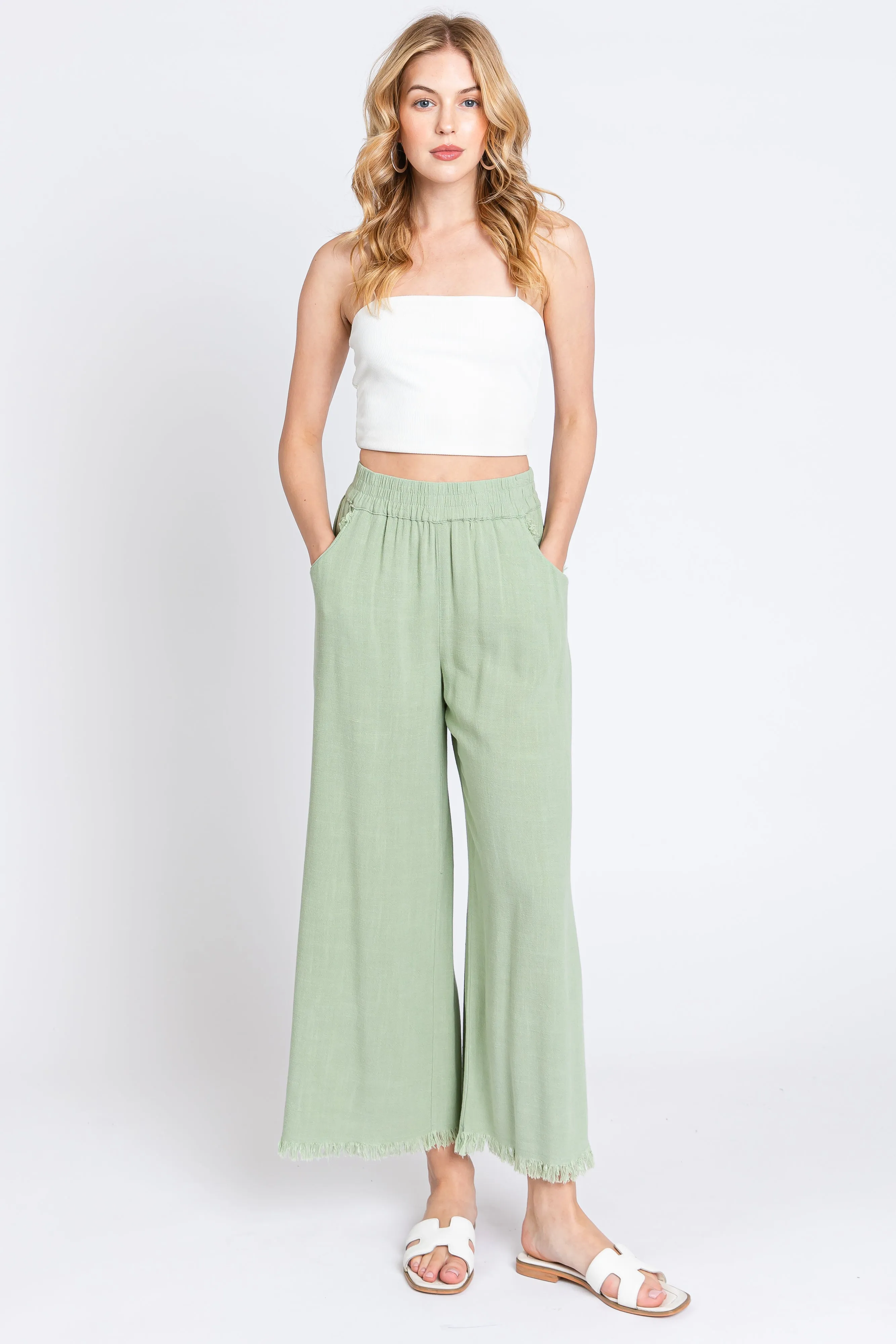 Sage Linen Frayed Hem Crop Pants sold by Pinkblush