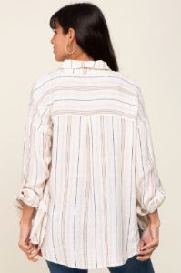 Ivory Mocha Striped Linen Button Down Shirt sold by Pinkblush