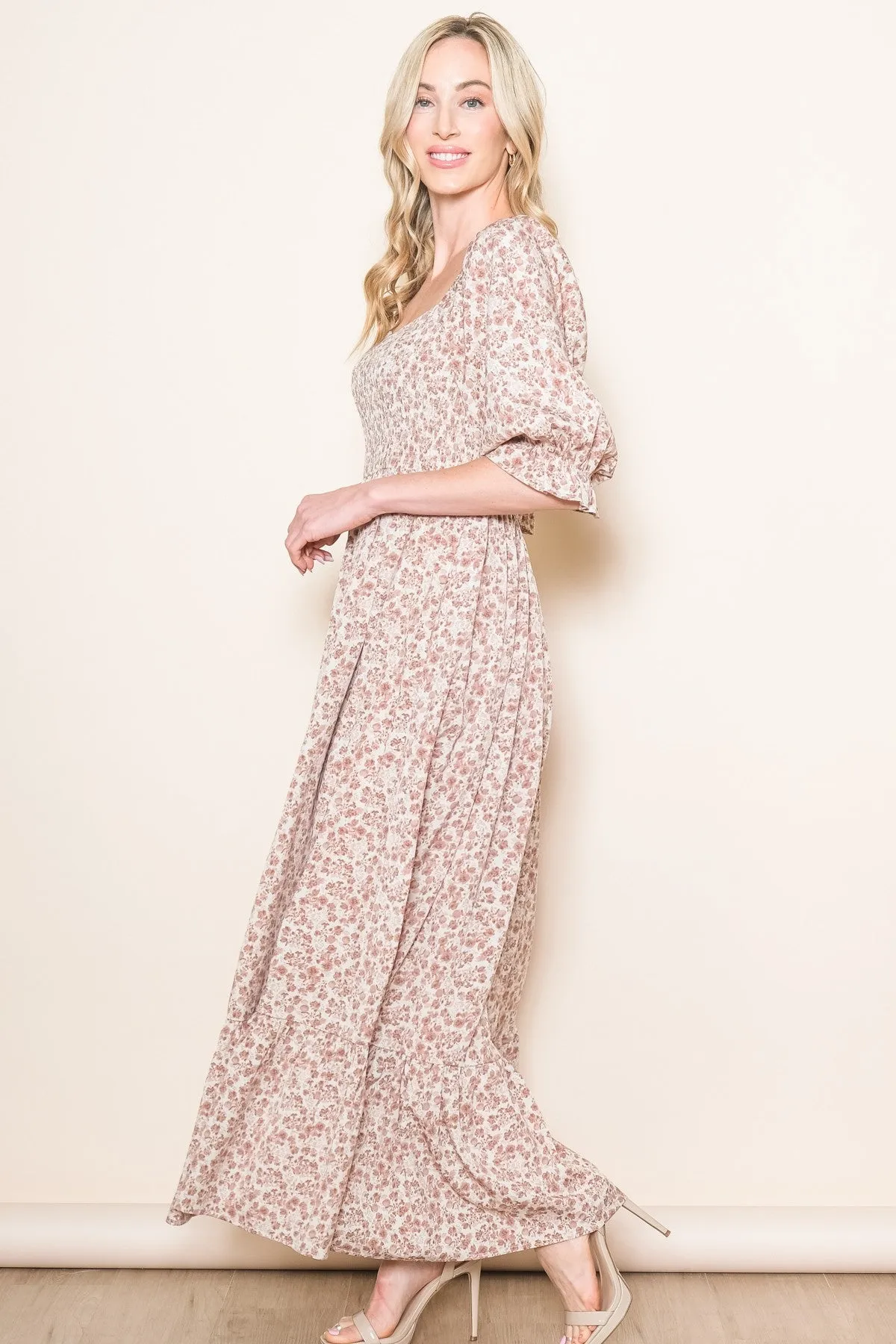 Cream Sweetheart Neck Smocked Ruffle Hem Maxi Dress sold by Pinkblush product image thumbnail 2