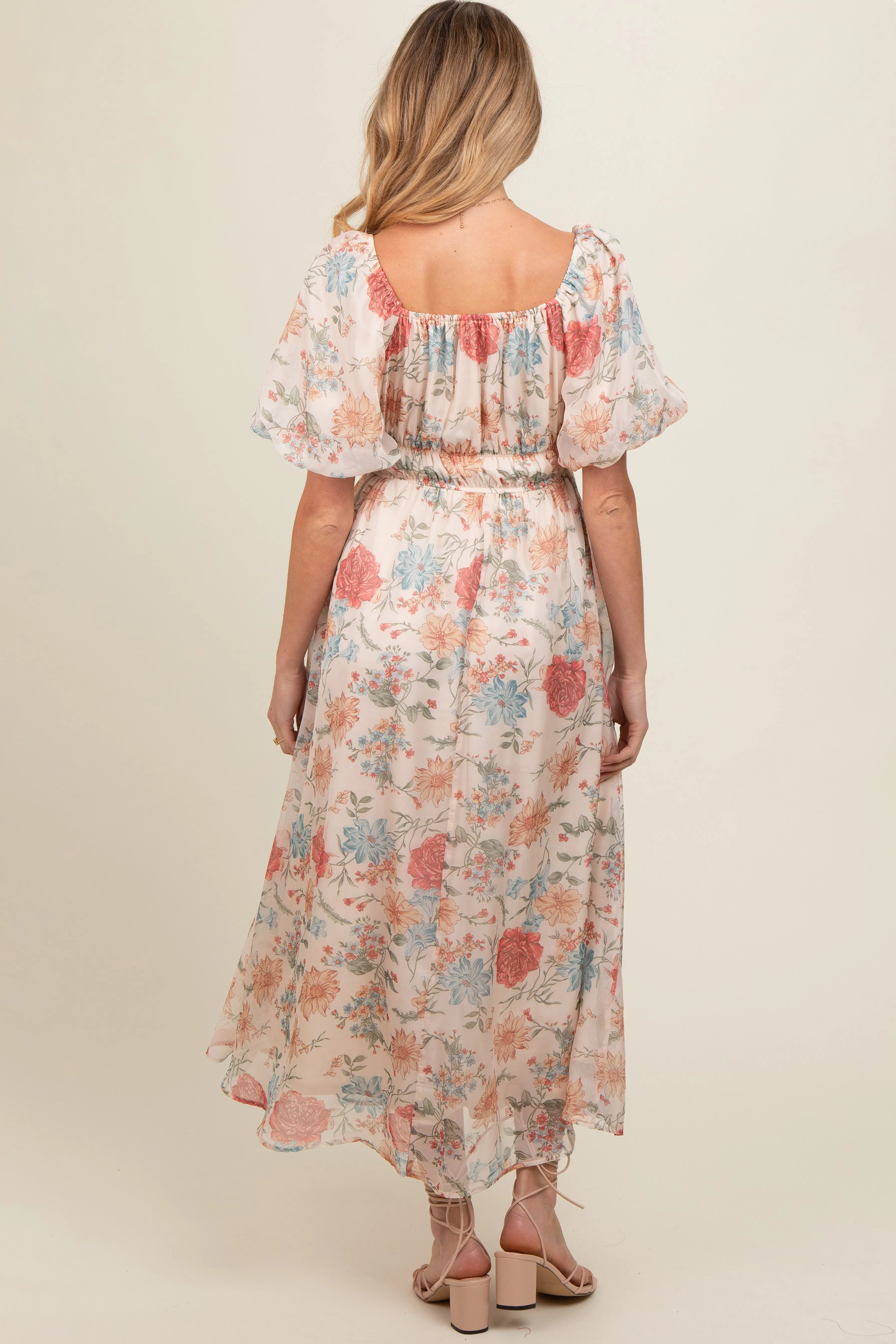 Cream Blue Floral Chiffon Puff Sleeve Maternity Midi Dress sold by Pinkblush product image thumbnail 4