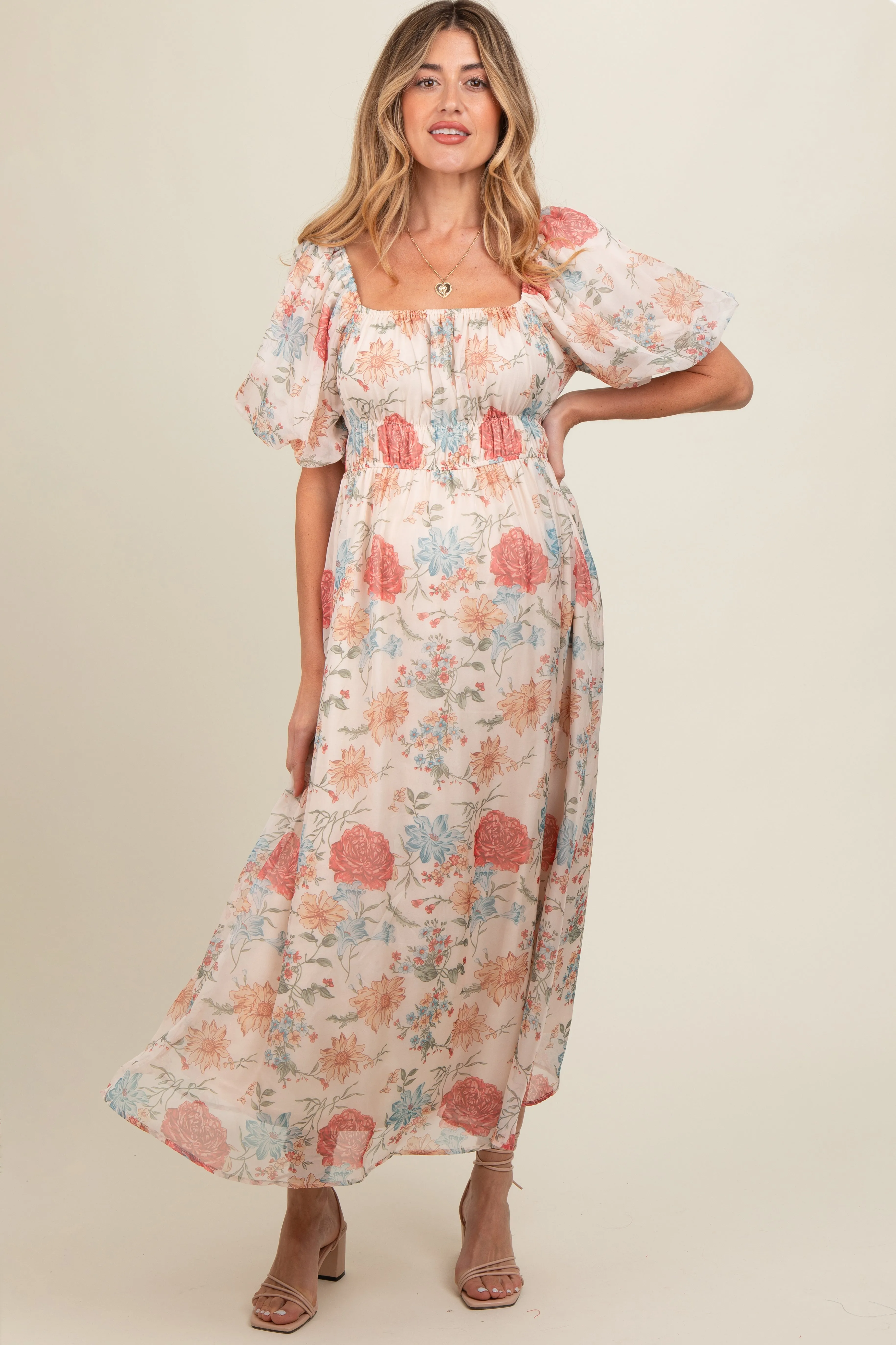 Cream Blue Floral Chiffon Puff Sleeve Maternity Midi Dress sold by Pinkblush