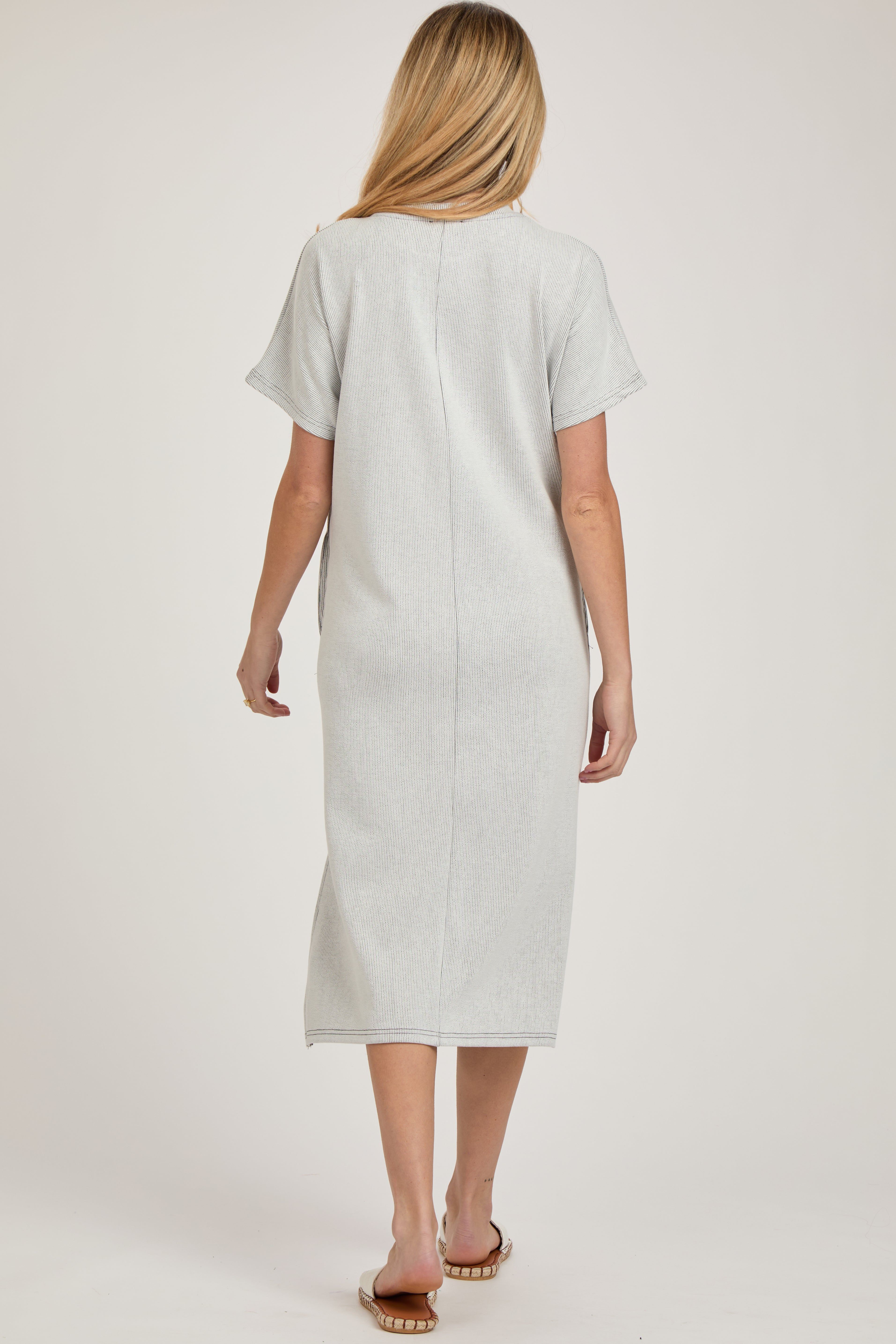 Grey Ribbed Short Dolman Sleeve Side Slit Maternity Midi Dress sold by Pinkblush product image thumbnail 4