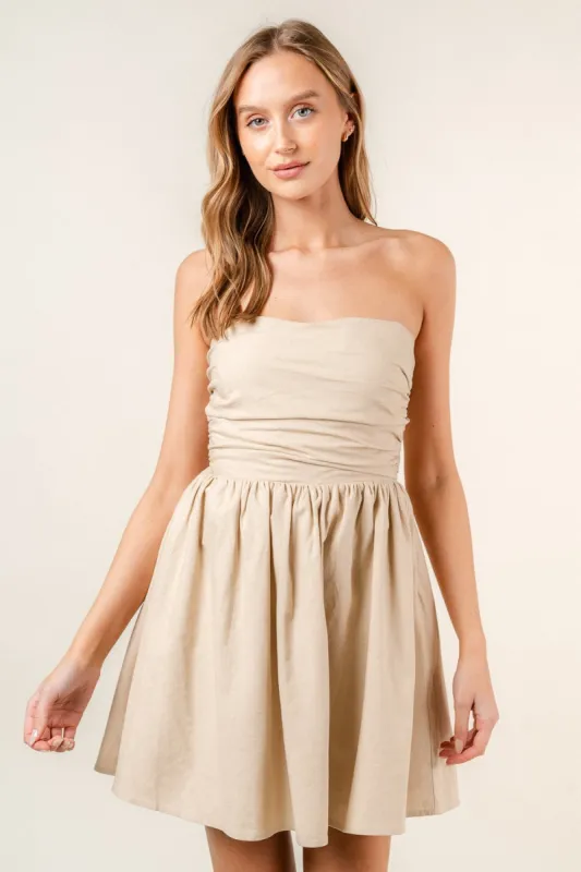 Beige Strapless Ruched Bust Mini Dress sold by Pinkblush