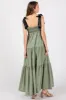 Olive Neck Smocked Embroidered Ribbon Shoulder Tie Midi Dress sold by Pinkblush