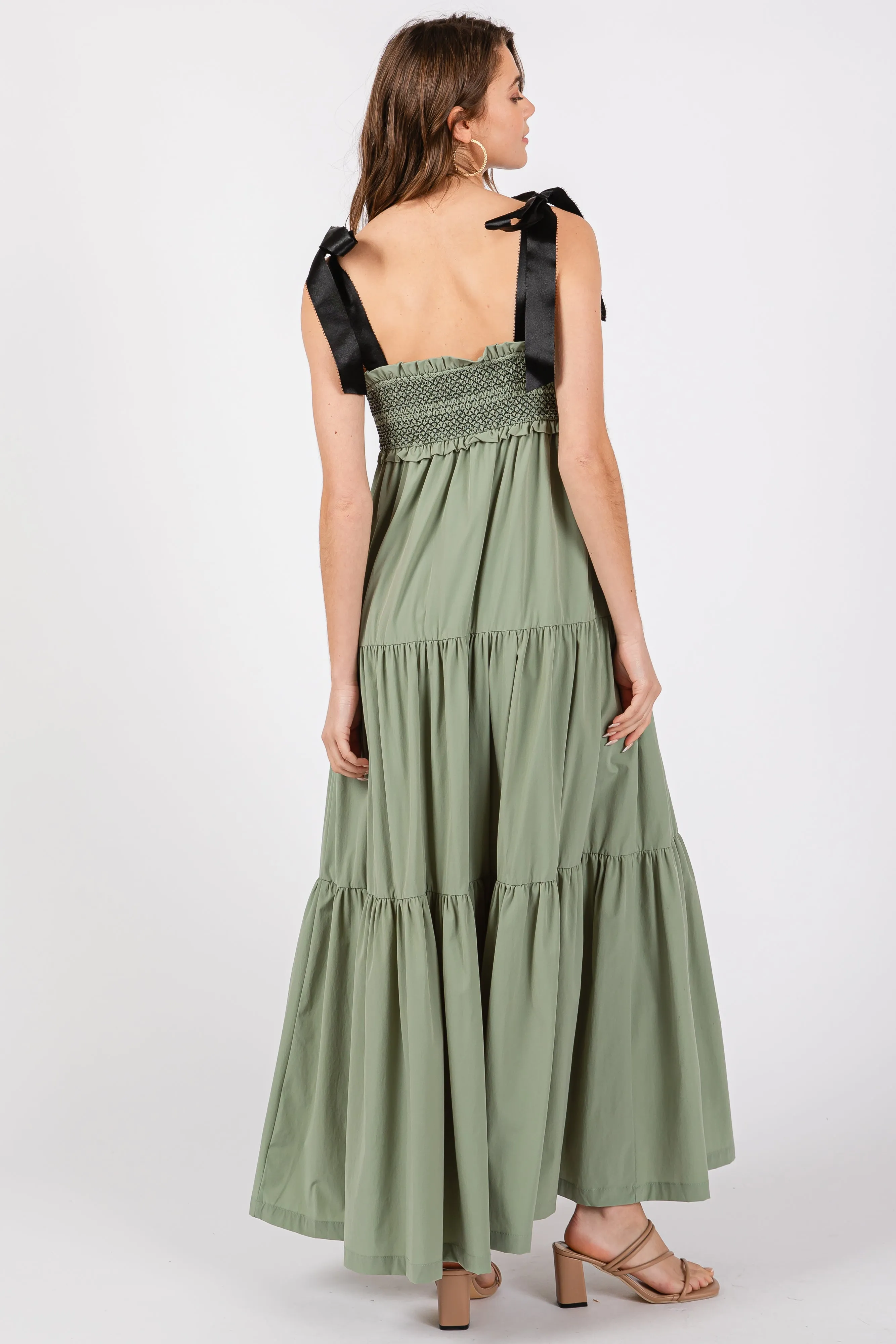 Olive Neck Smocked Embroidered Ribbon Shoulder Tie Midi Dress sold by Pinkblush product image thumbnail 4