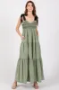 Olive Neck Smocked Embroidered Ribbon Shoulder Tie Midi Dress sold by Pinkblush