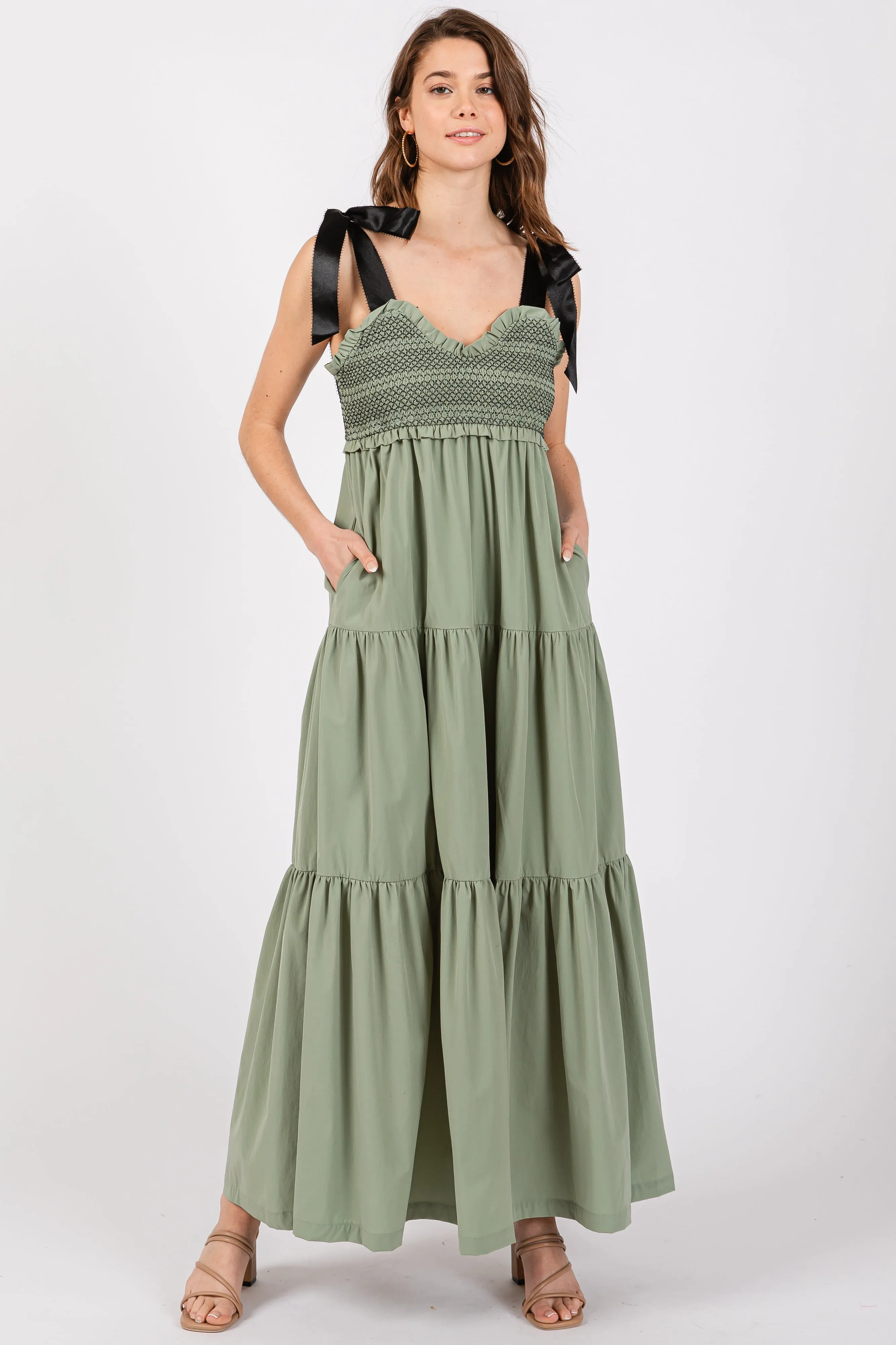 Olive Neck Smocked Embroidered Ribbon Shoulder Tie Midi Dress sold by Pinkblush