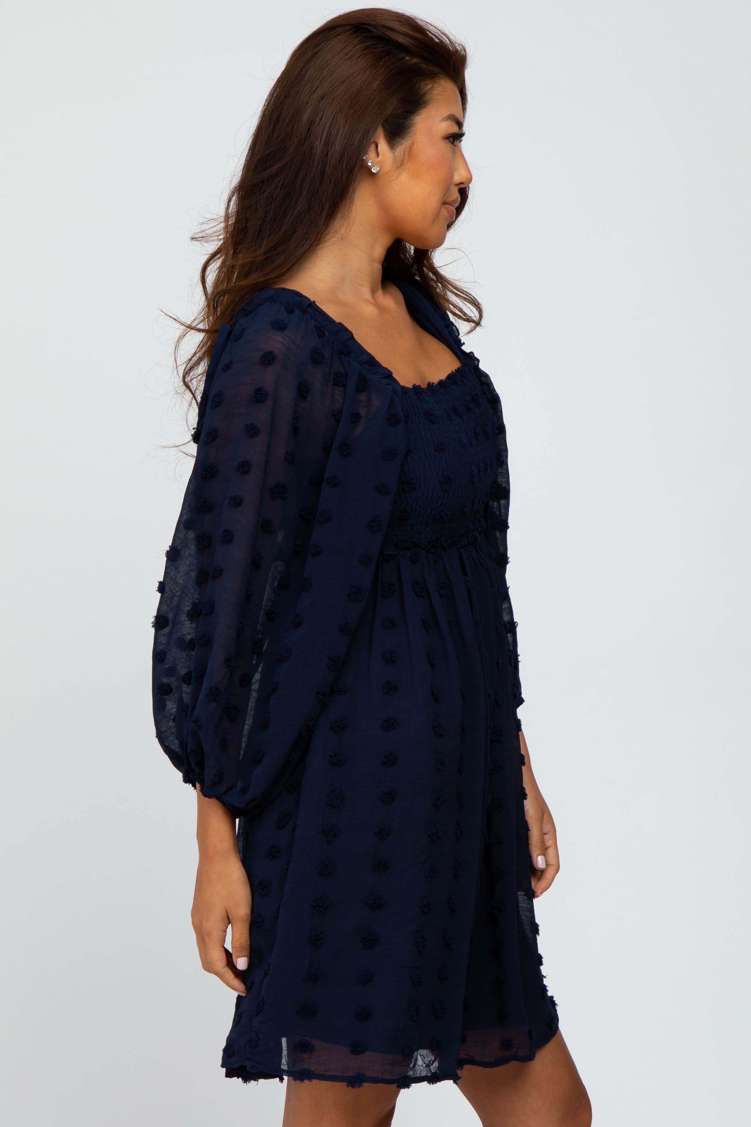 Navy Textured Dot Smocked Square Neck Chiffon Dress sold by Pinkblush product image thumbnail 2
