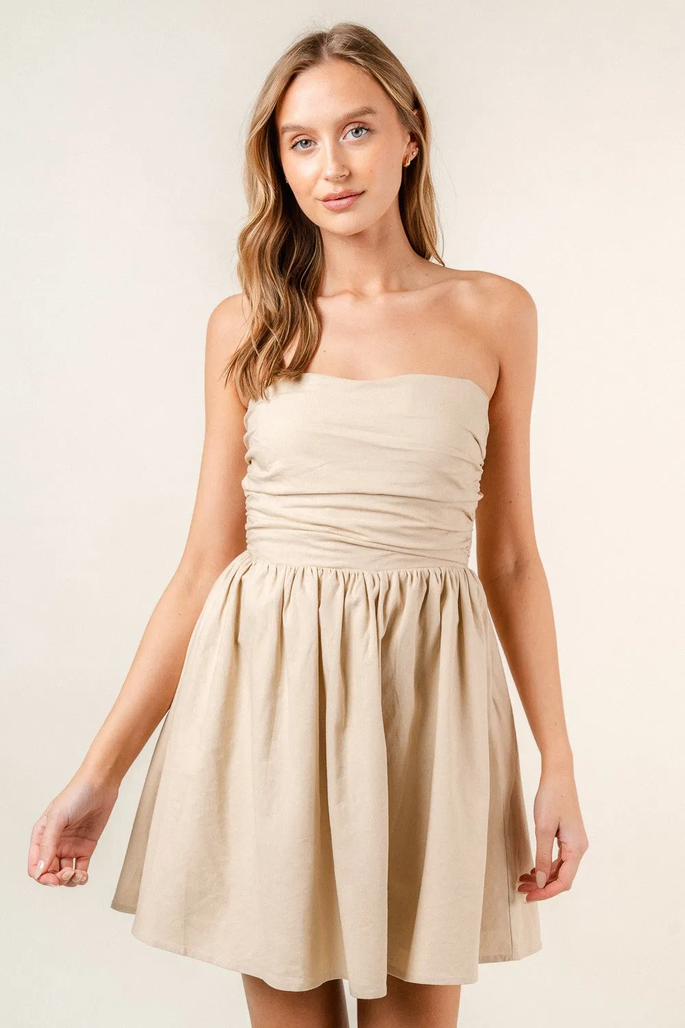 Beige Strapless Ruched Bust Mini Dress sold by Pinkblush product image thumbnail 2