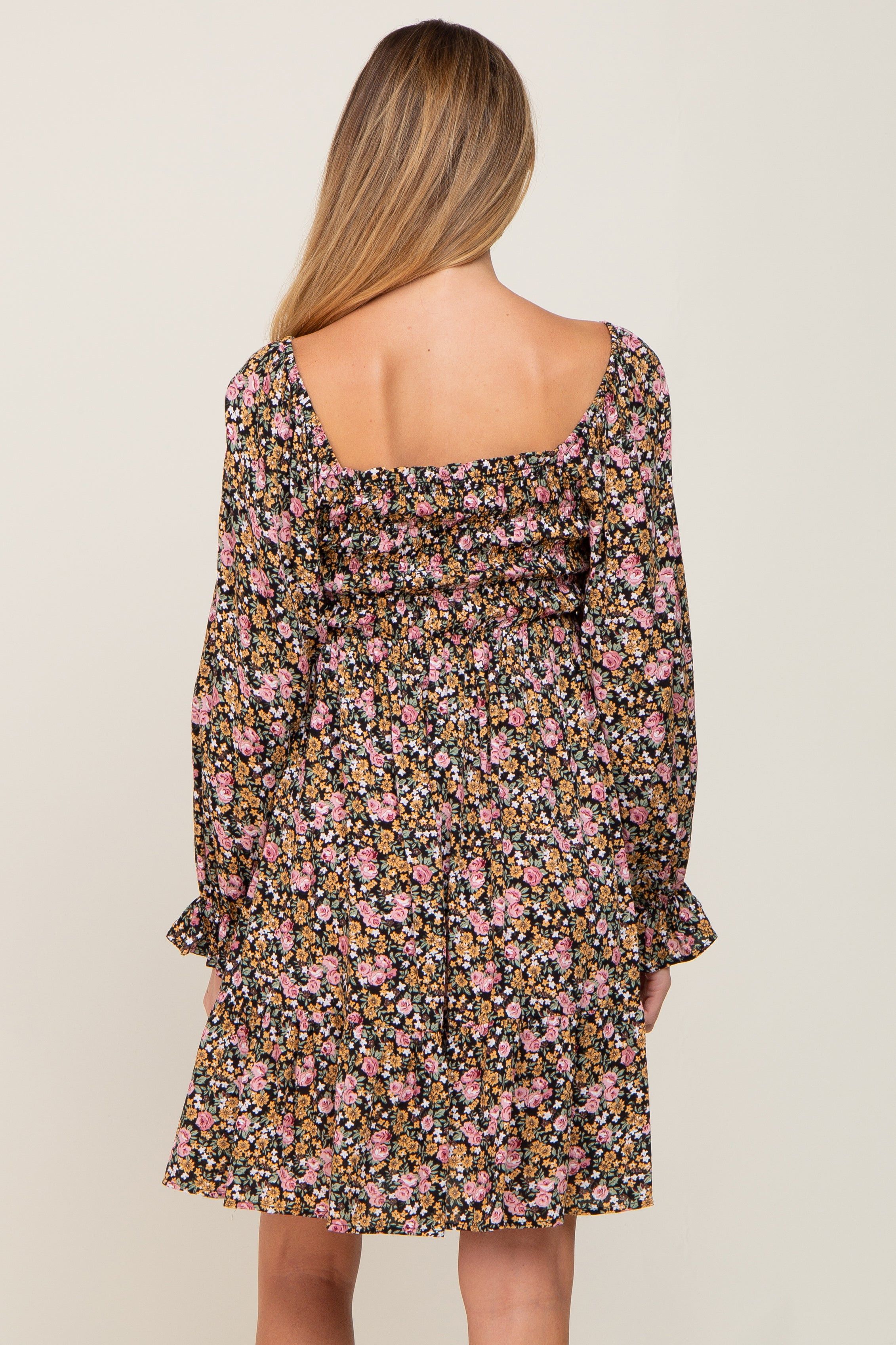 Black Floral Smocked Square Neck Maternity Dress sold by Pinkblush product image thumbnail 3