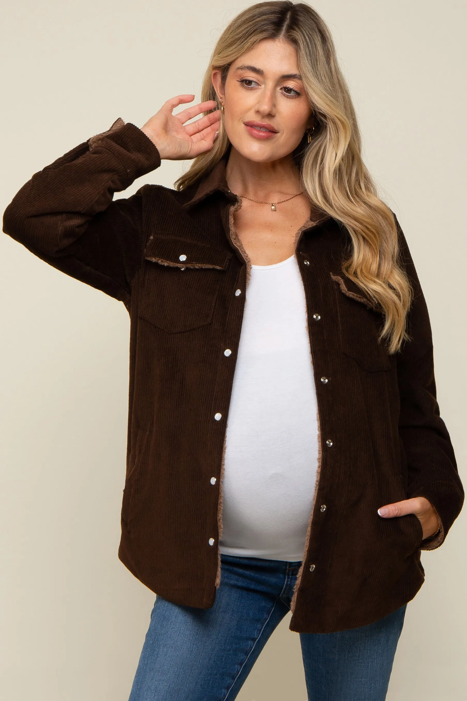 Brown Corduroy Sherpa Lined Maternity Shacket sold by Pinkblush