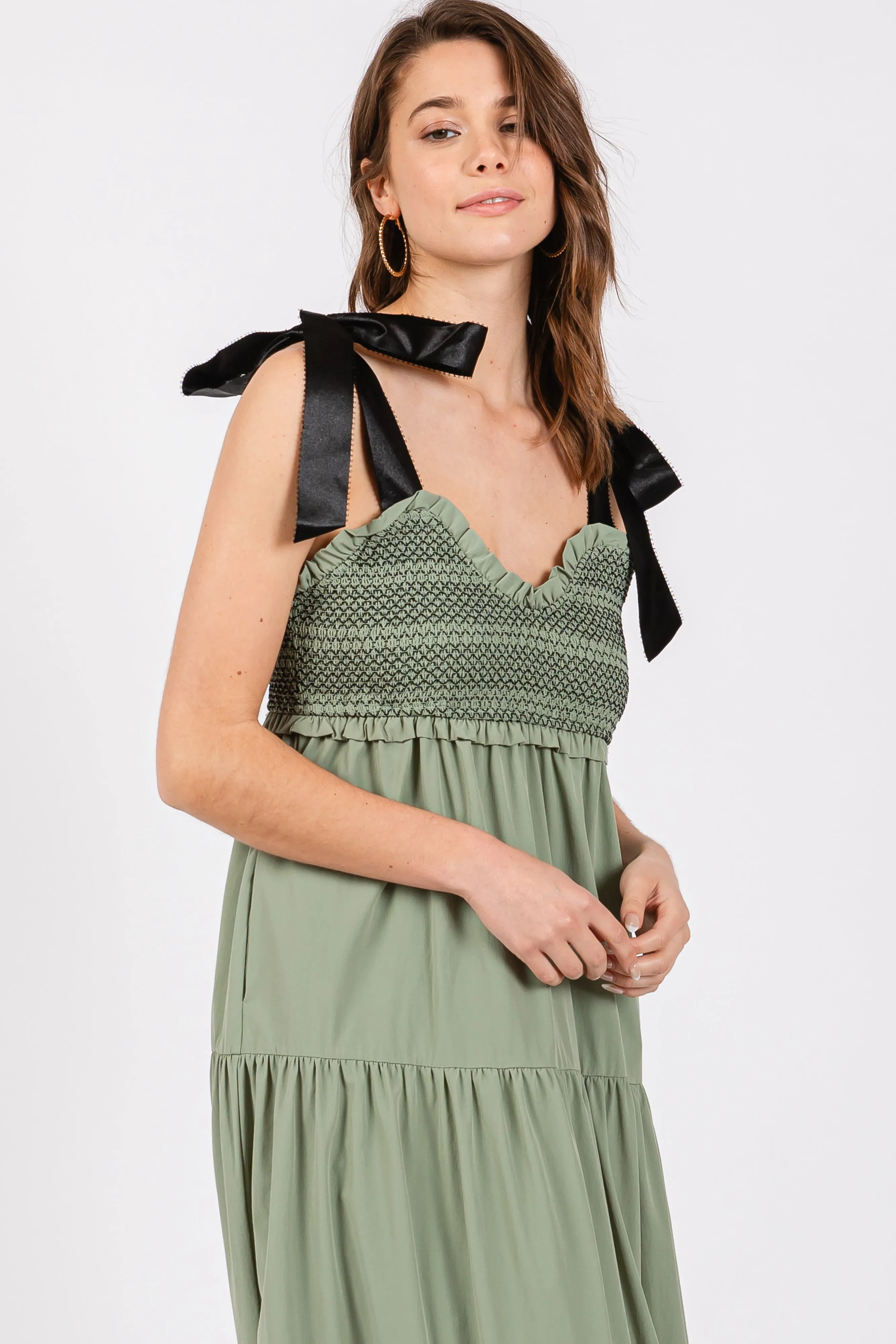 Olive Neck Smocked Embroidered Ribbon Shoulder Tie Midi Dress sold by Pinkblush product image thumbnail 5