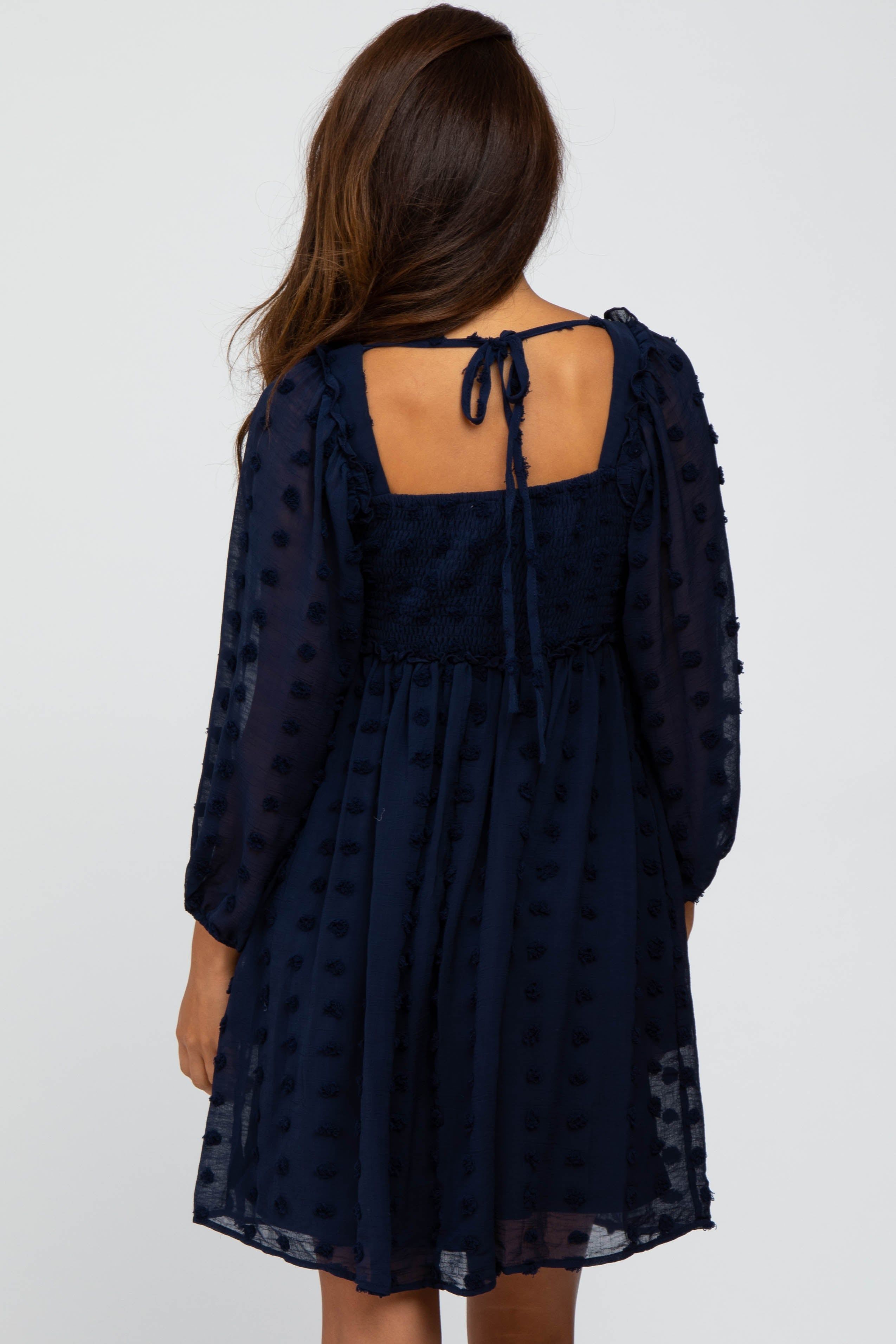 Navy Textured Dot Smocked Square Neck Chiffon Dress sold by Pinkblush product image thumbnail 3