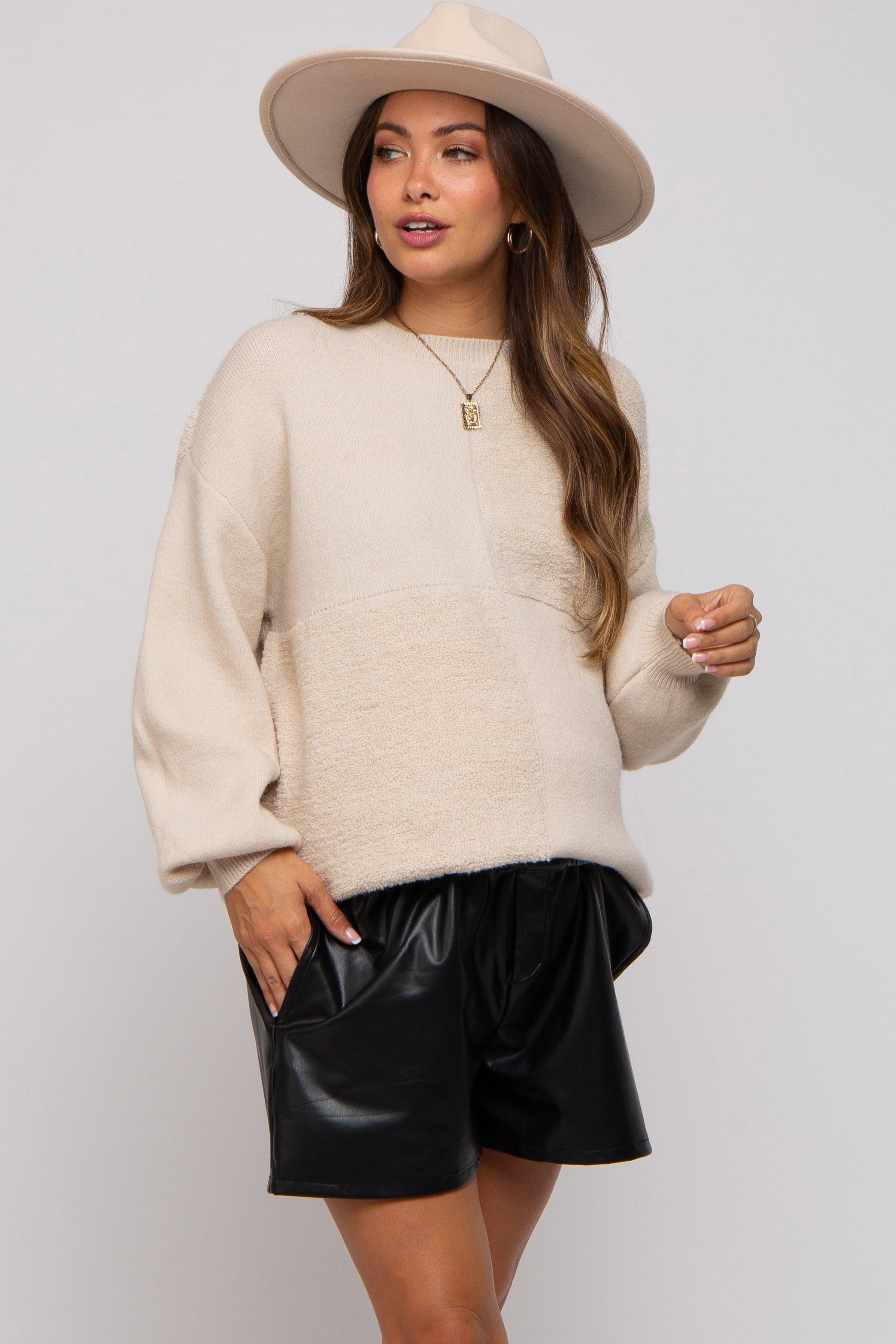 Cream Textured Checker Maternity Sweater sold by Pinkblush product image thumbnail 2