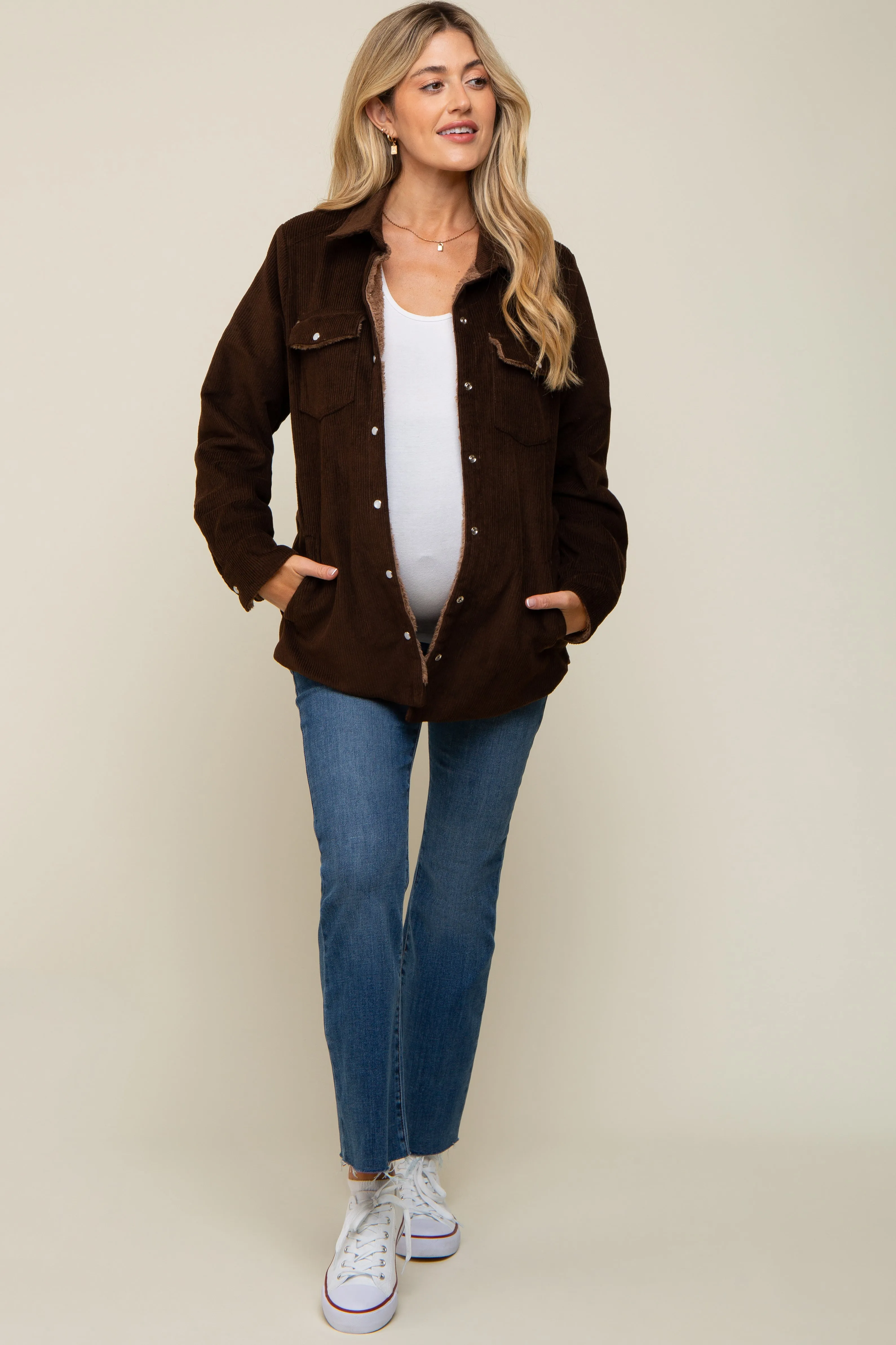 Brown Corduroy Sherpa Lined Maternity Shacket sold by Pinkblush product image thumbnail 5