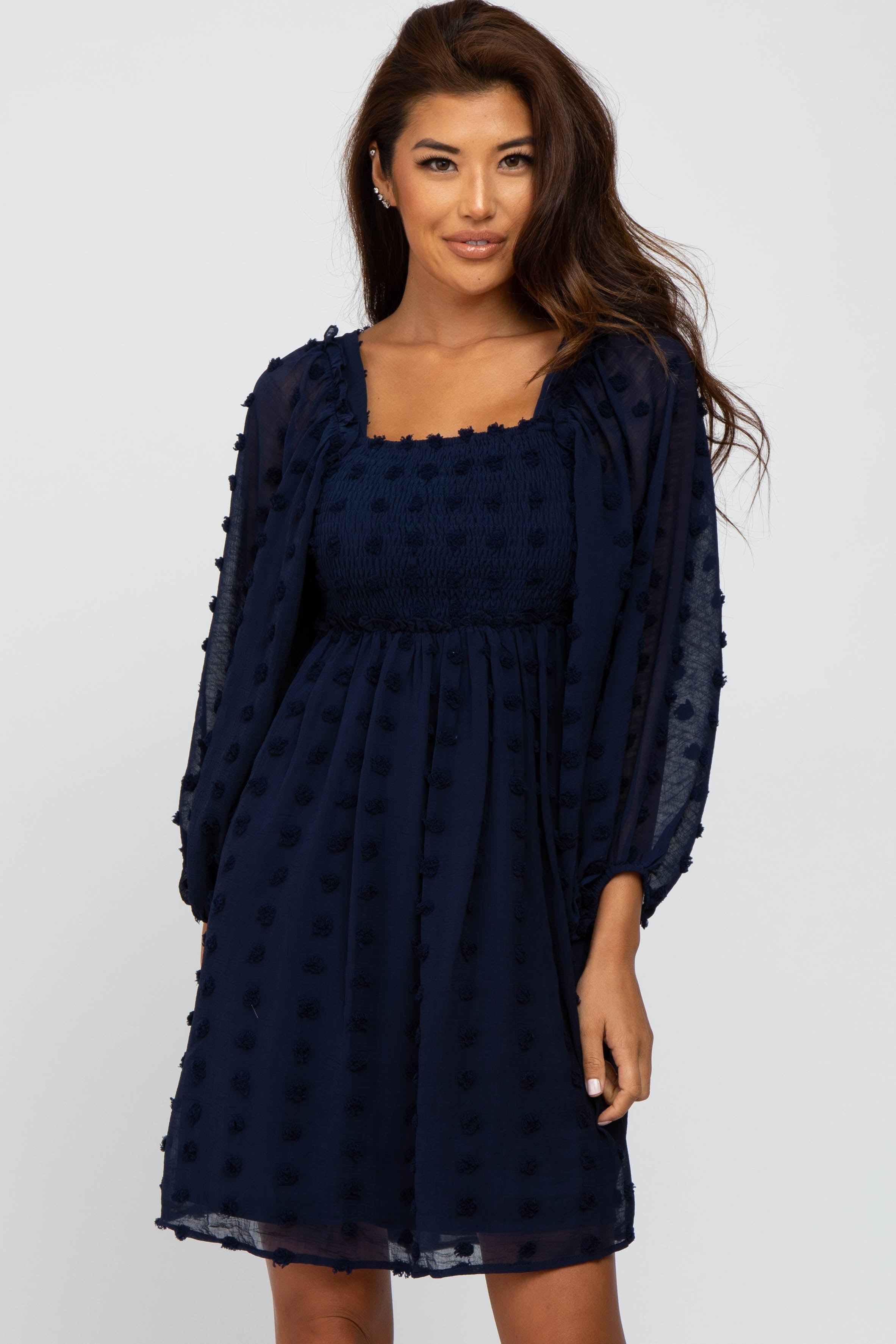 Navy Textured Dot Smocked Square Neck Chiffon Dress sold by Pinkblush product image thumbnail 4