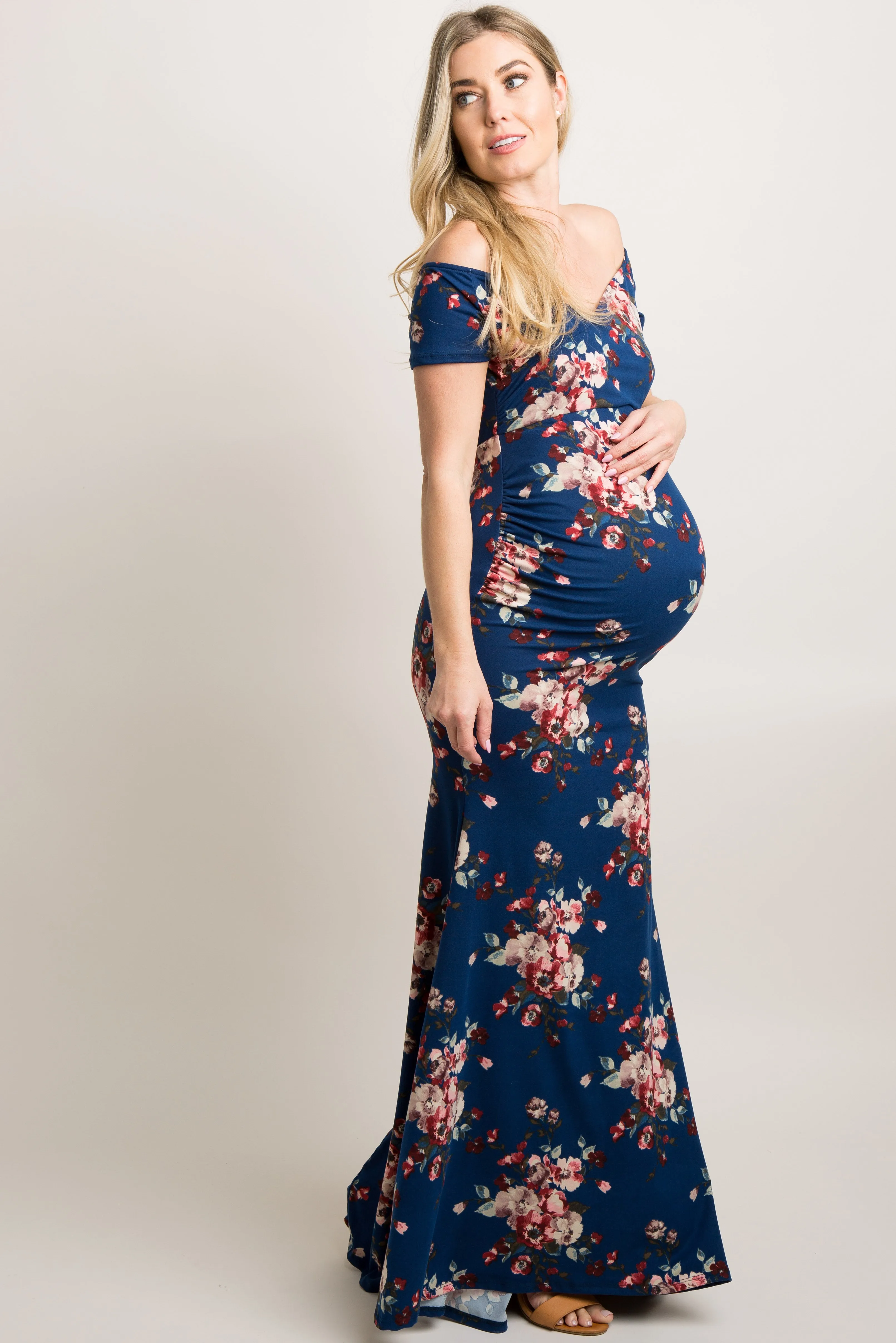 Navy Floral Off Shoulder Wrap Maternity Photoshoot Gown/Dress sold by Pinkblush product image thumbnail 3