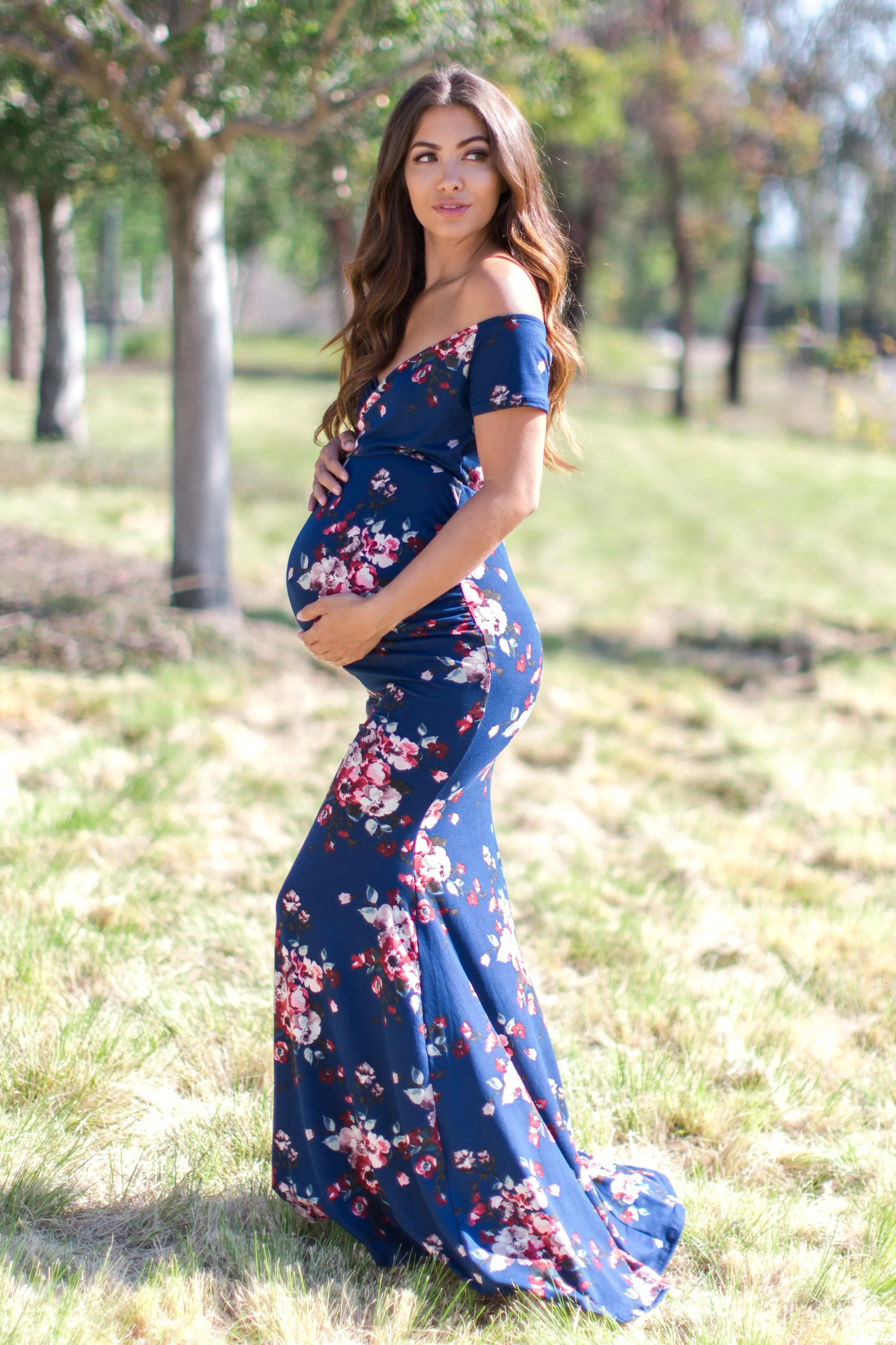 Navy Floral Off Shoulder Wrap Maternity Photoshoot Gown/Dress sold by Pinkblush