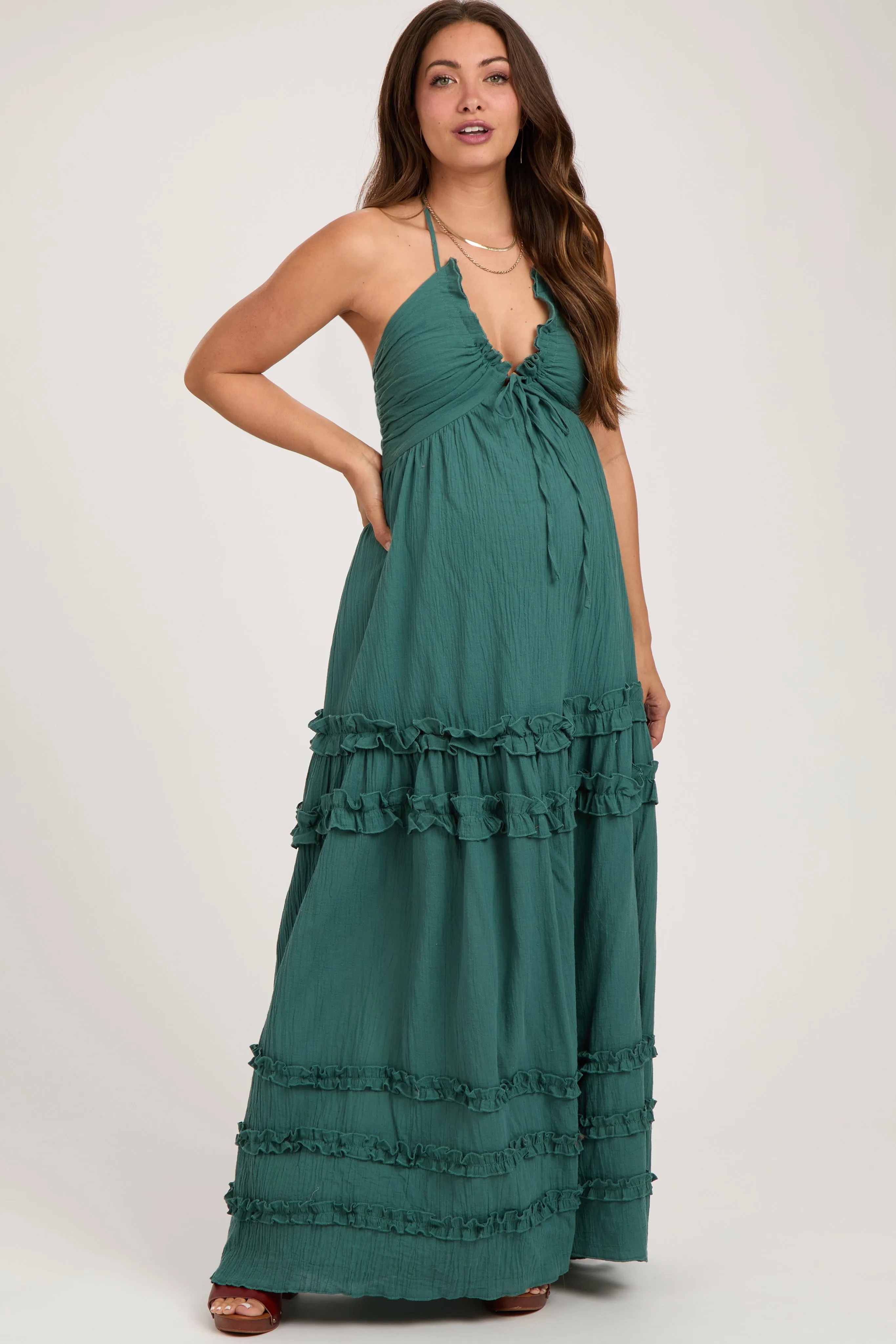 Dark Teal Ruffle Ruched Deep V-Neck Maternity Maxi Dress sold by Pinkblush product image thumbnail 2