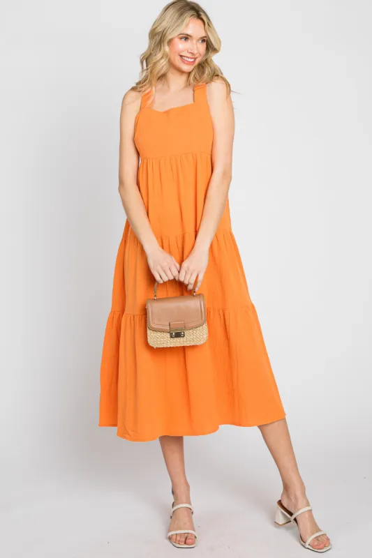 Neon Orange Tiered Crisscross Strap Midi Dress made by Pinkblush