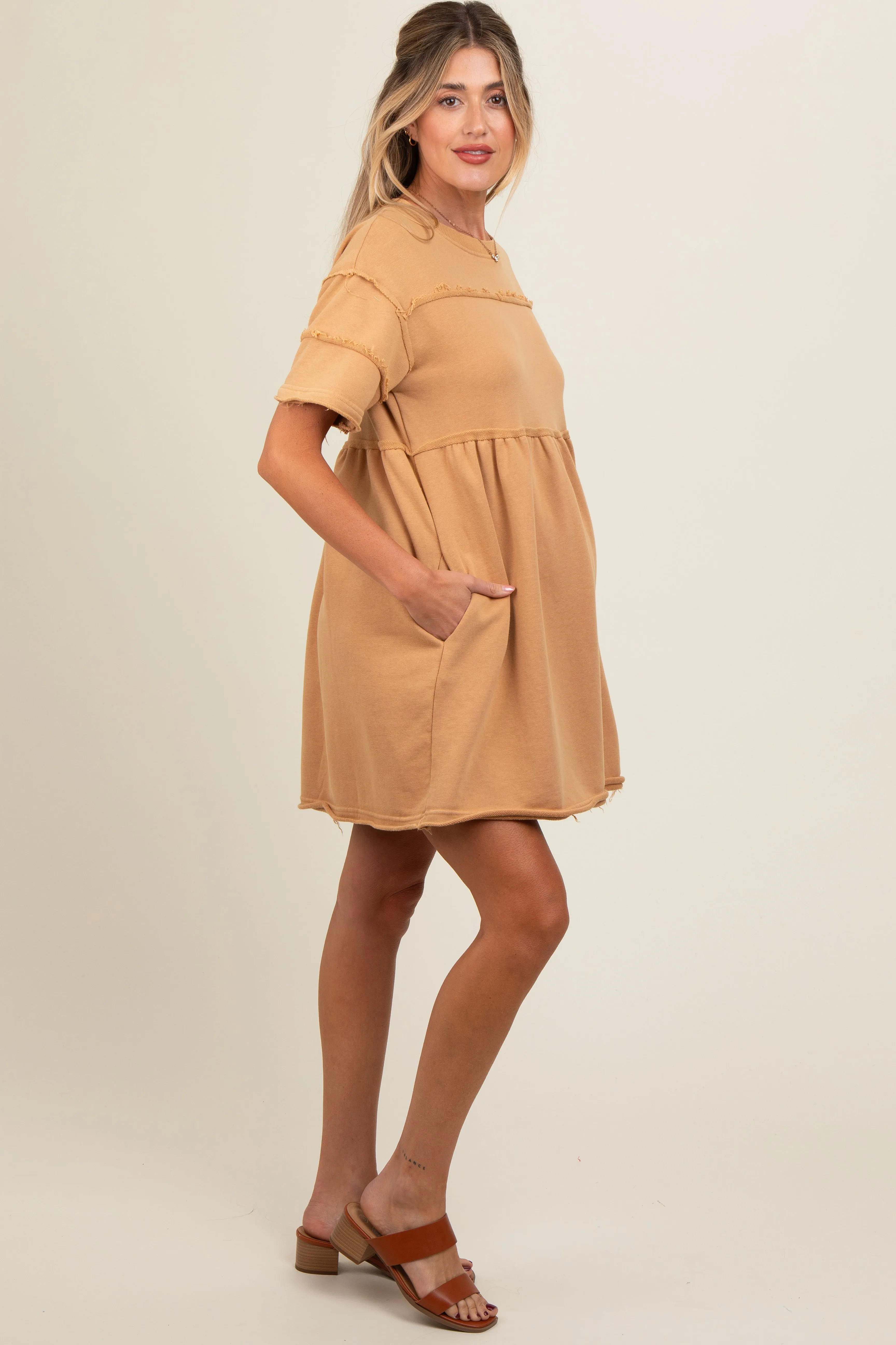 Camel Raw Hem Maternity Short Sleeve Dress sold by Pinkblush product image thumbnail 3