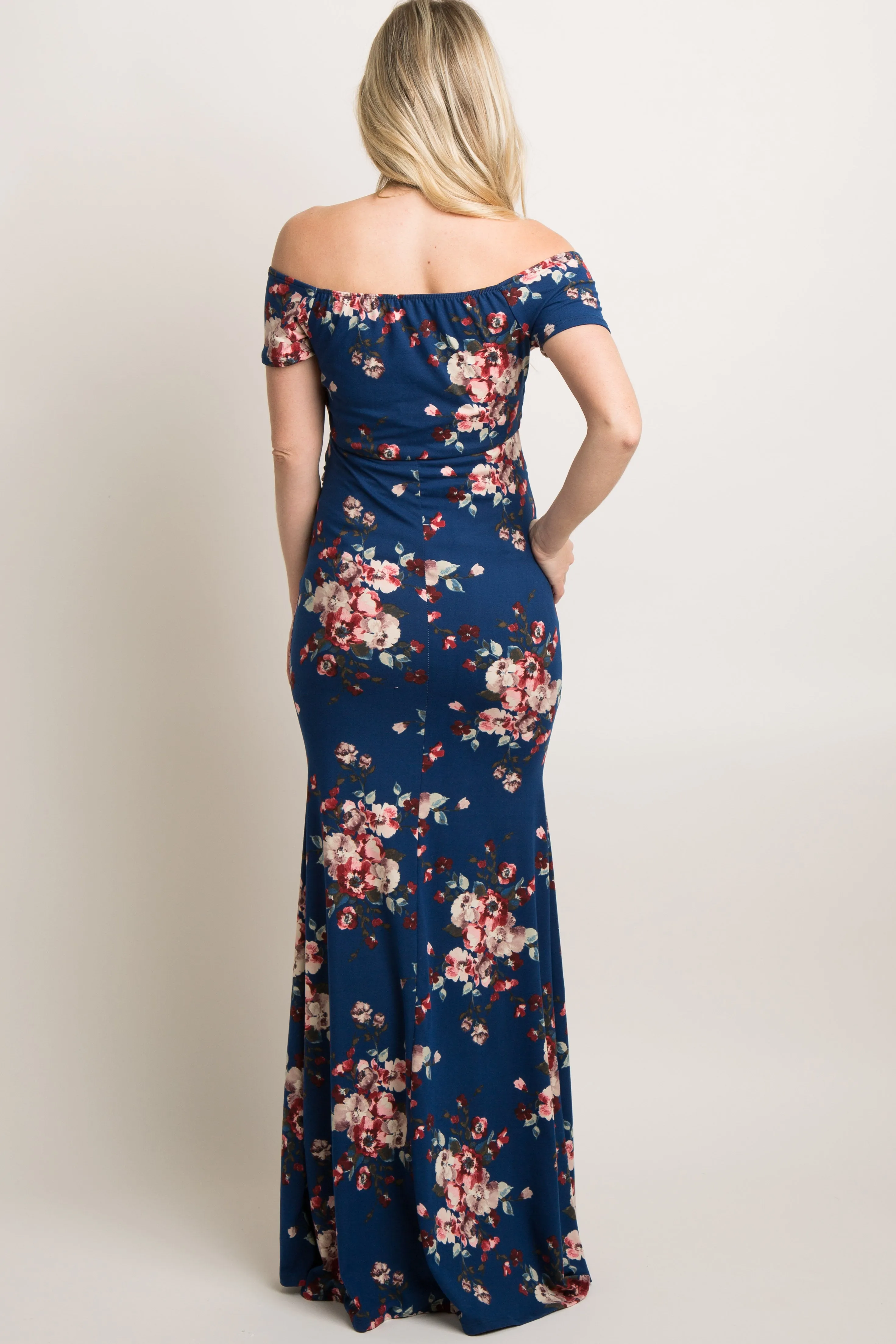 Navy Floral Off Shoulder Wrap Maternity Photoshoot Gown/Dress sold by Pinkblush product image thumbnail 4