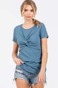 Blue Ribbed Twist Front Maternity Top sold by Pinkblush