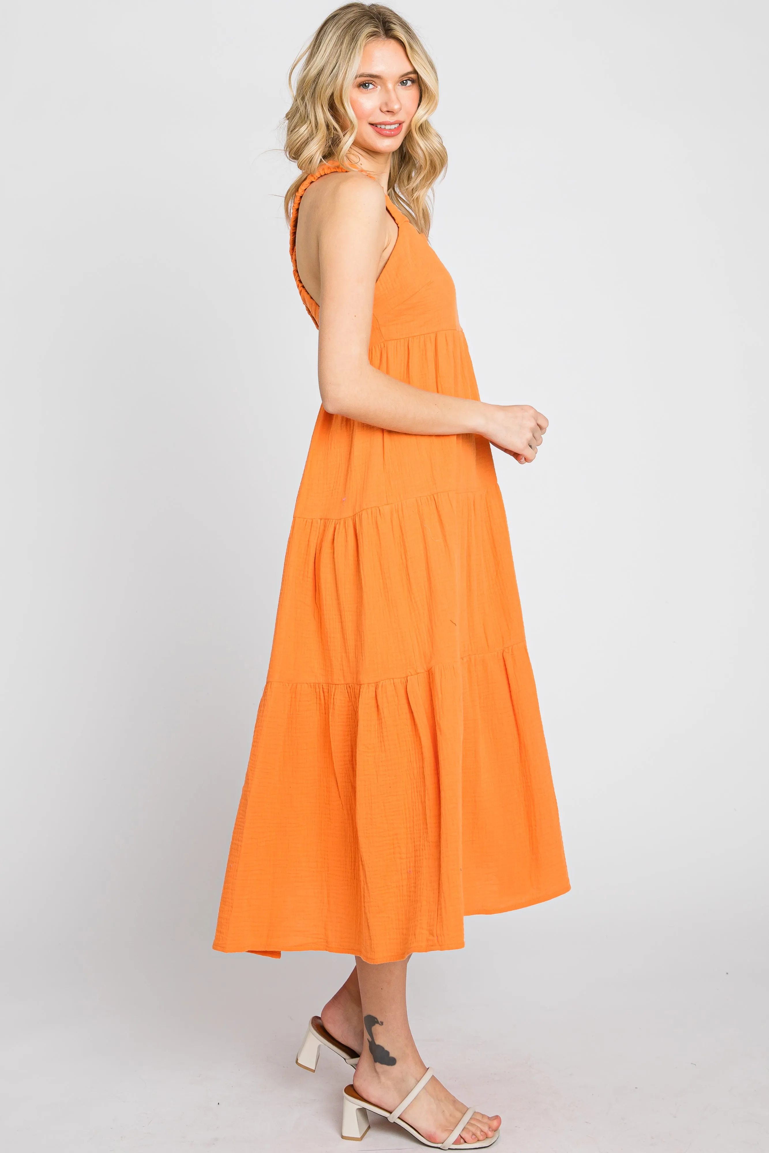 Neon Orange Tiered Crisscross Strap Midi Dress sold by Pinkblush product image thumbnail 2