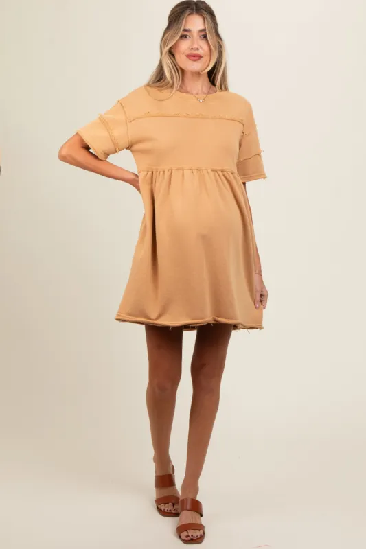 Camel Raw Hem Maternity Short Sleeve Dress sold by Pinkblush