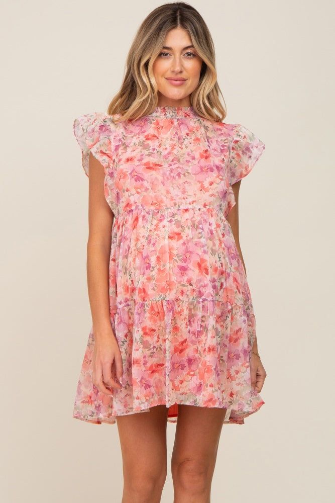 Coral Floral Chiffon Tiered Maternity Dress sold by Pinkblush