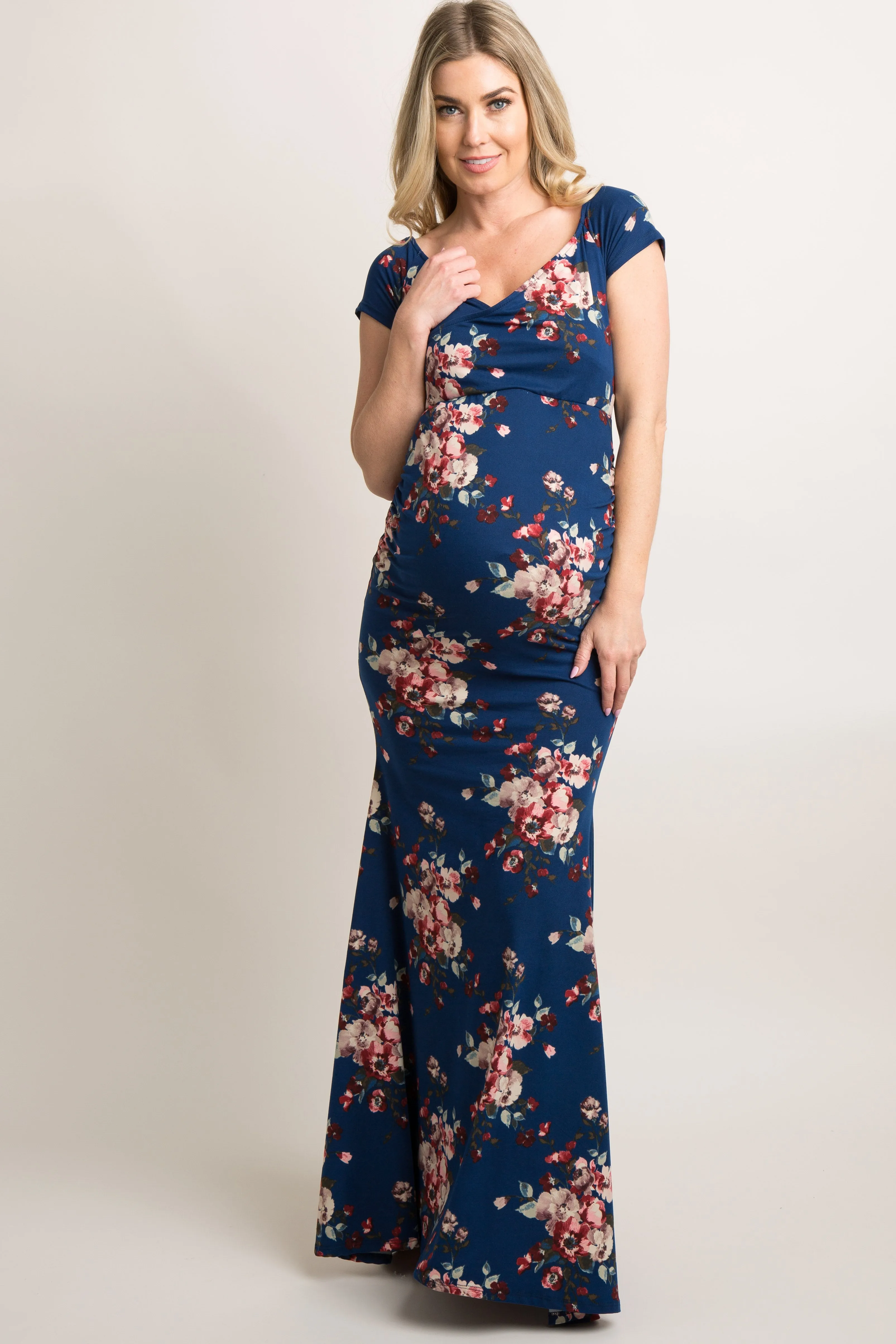 Navy Floral Off Shoulder Wrap Maternity Photoshoot Gown/Dress sold by Pinkblush product image thumbnail 5