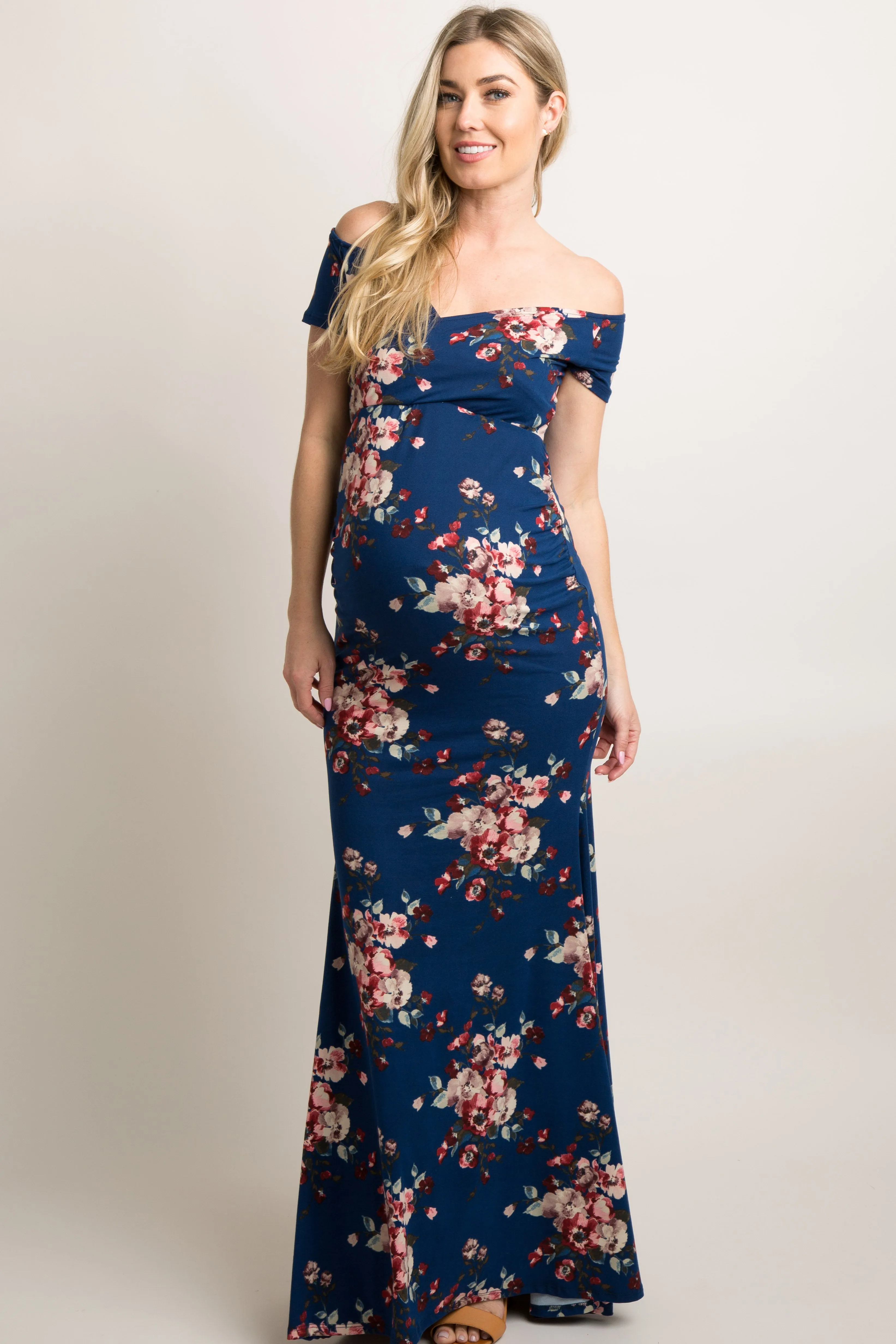 Navy Floral Off Shoulder Wrap Maternity Photoshoot Gown/Dress sold by Pinkblush product image thumbnail 2