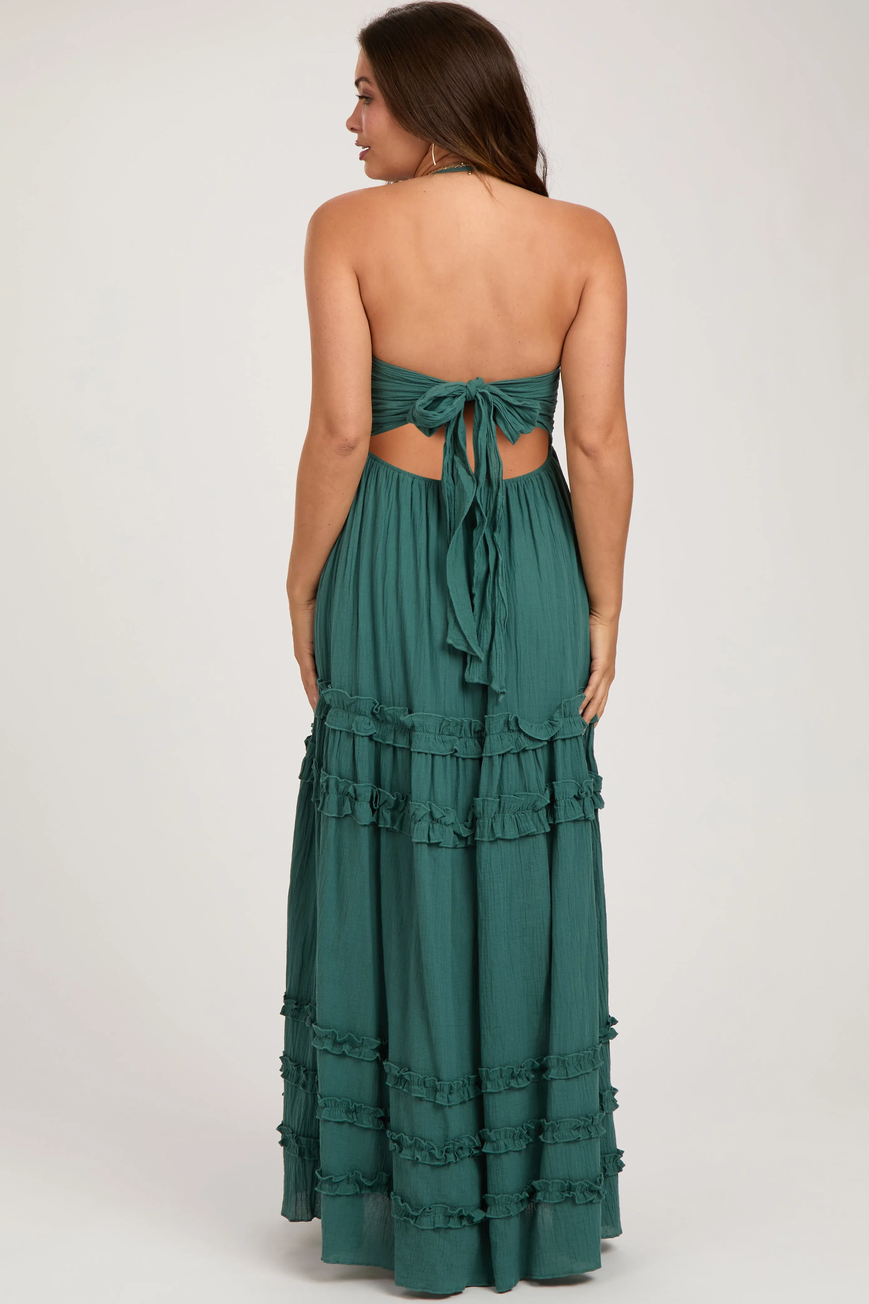 Dark Teal Ruffle Ruched Deep V-Neck Maternity Maxi Dress sold by Pinkblush product image thumbnail 4