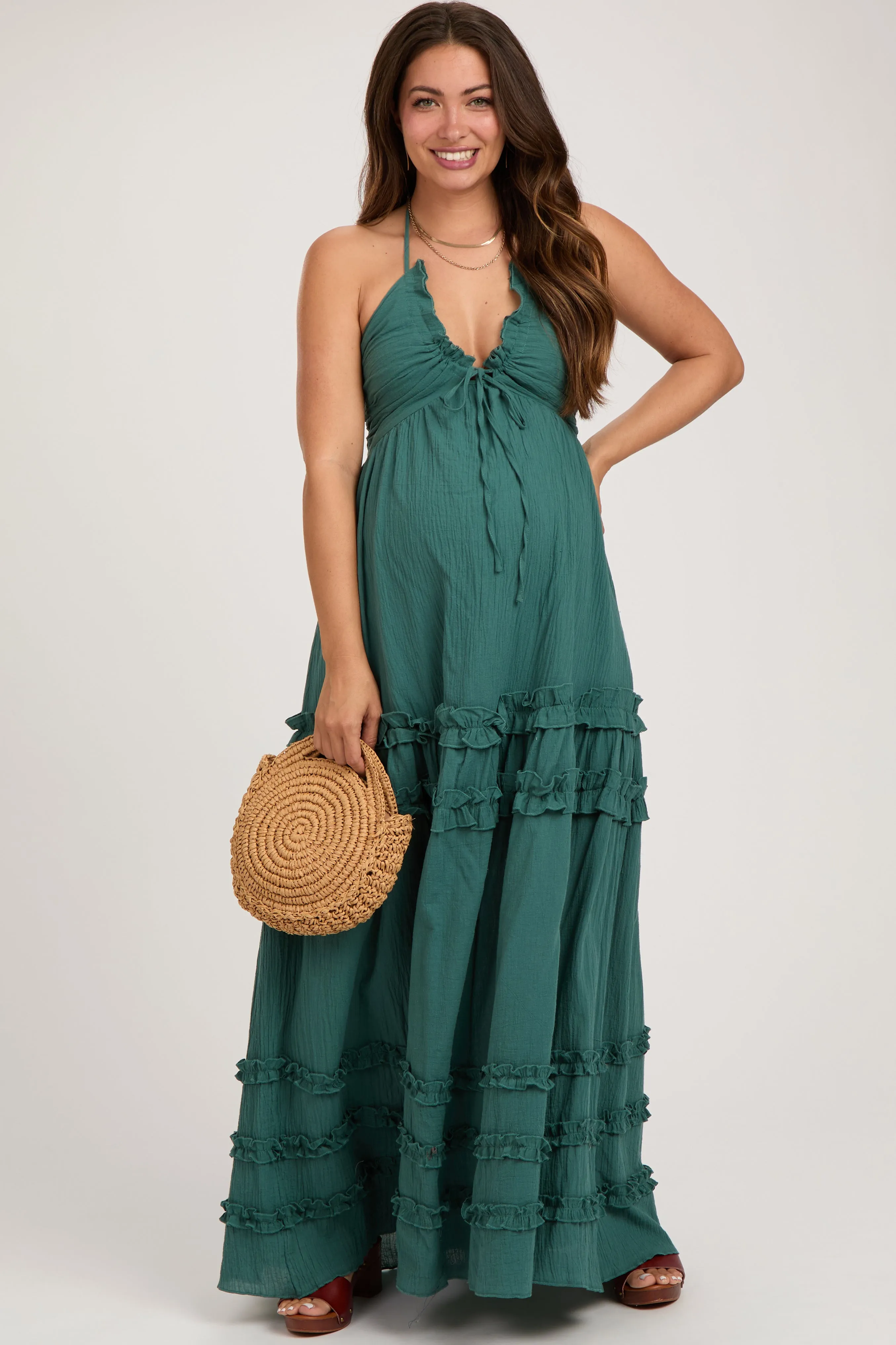 Dark Teal Ruffle Ruched Deep V-Neck Maternity Maxi Dress sold by Pinkblush