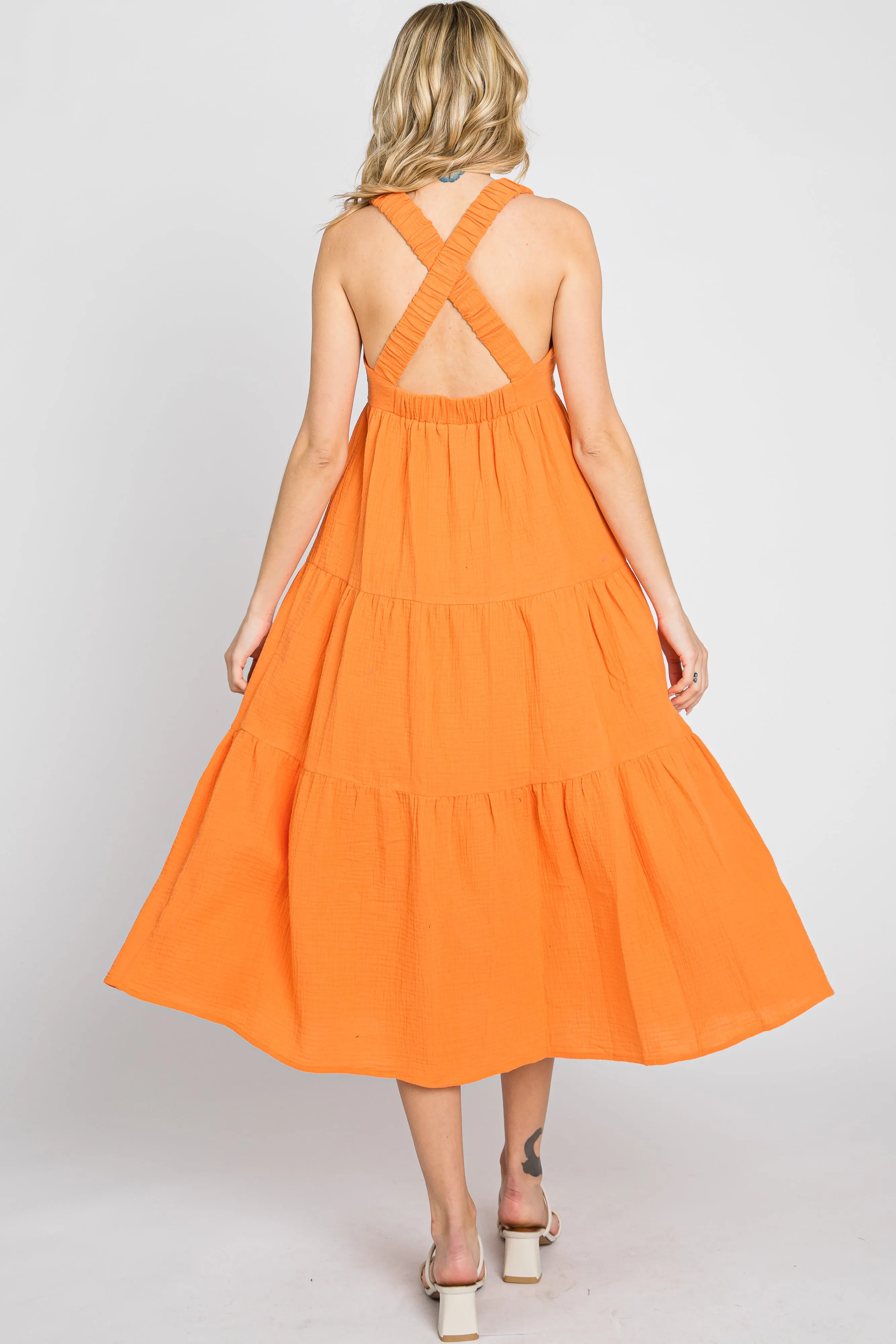 Neon Orange Tiered Crisscross Strap Midi Dress sold by Pinkblush product image thumbnail 3