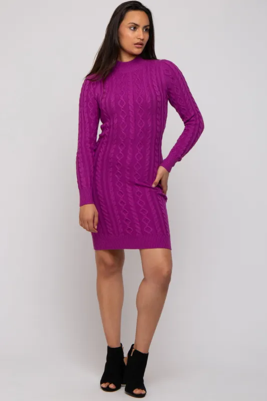 Magenta Cable Knit Mock Neck Long Sleeve Sweater Dress sold by Pinkblush