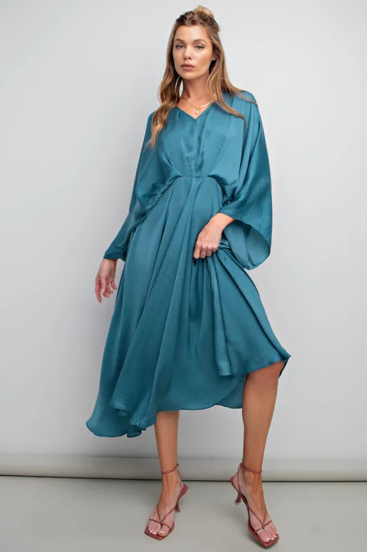 Teal Dull Satin V Neck Dress sold by Pinkblush