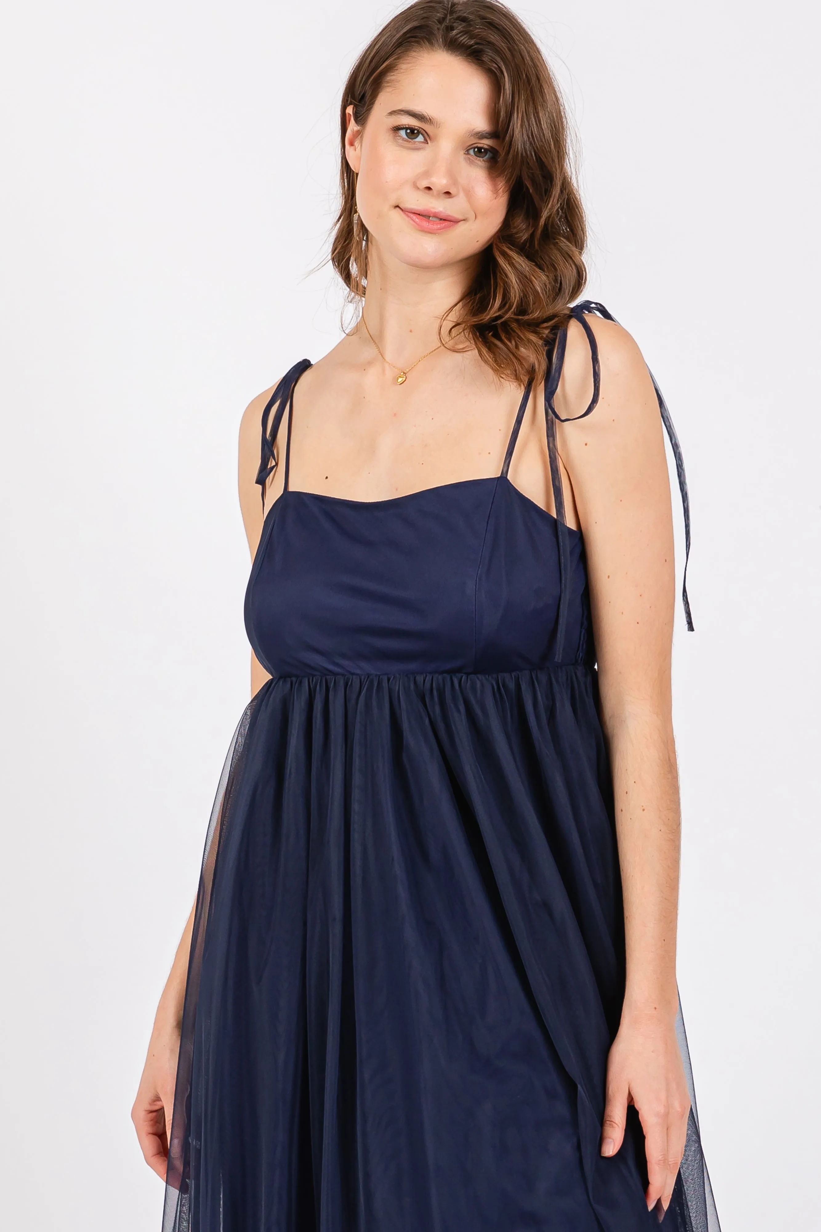 Navy Blue Square Neck Shoulder Tie Tulle Maxi Dress sold by Pinkblush product image thumbnail 4