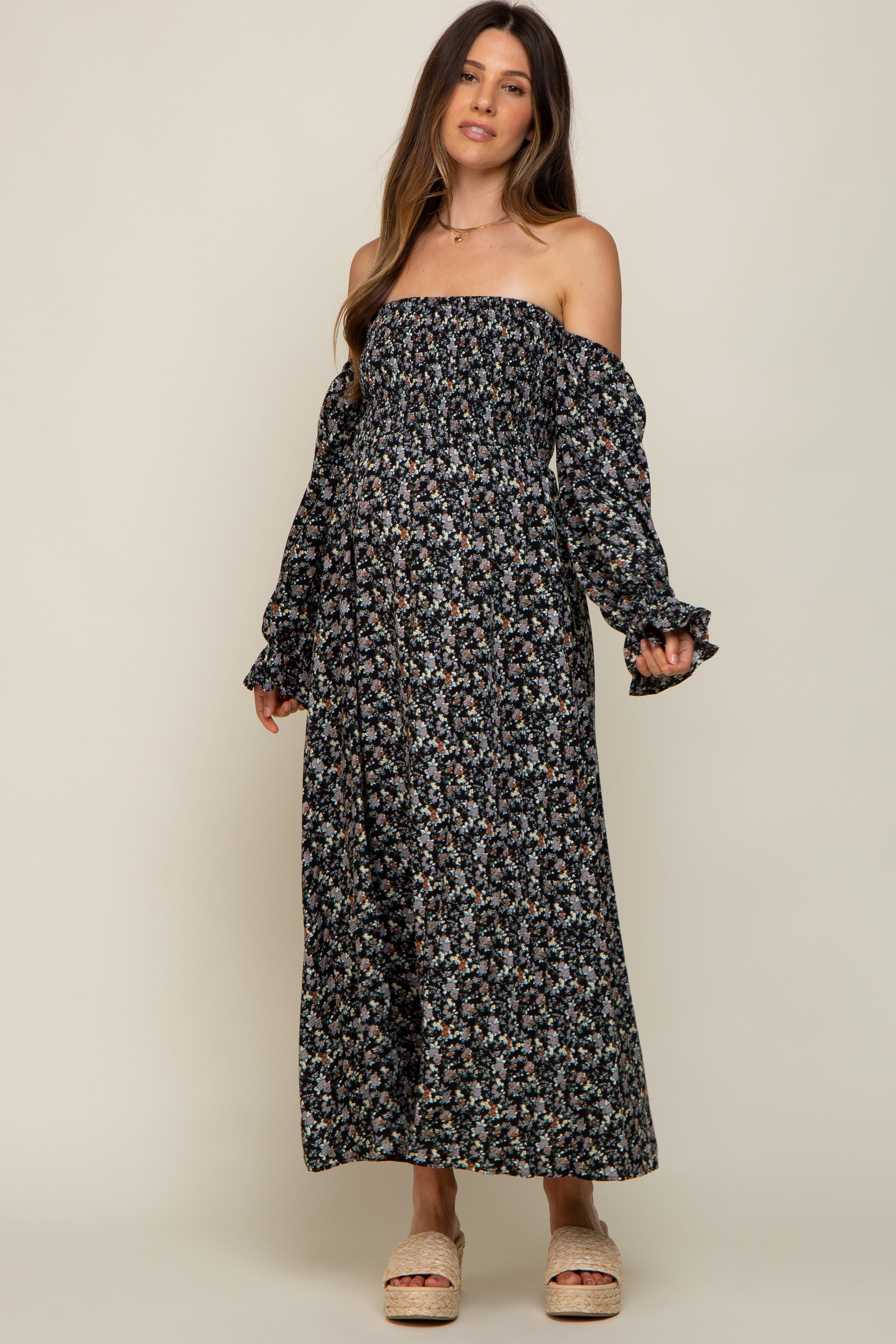Black Floral Square Neck Smocked Long Sleeve Maternity Maxi Dress sold by Pinkblush product image thumbnail 4
