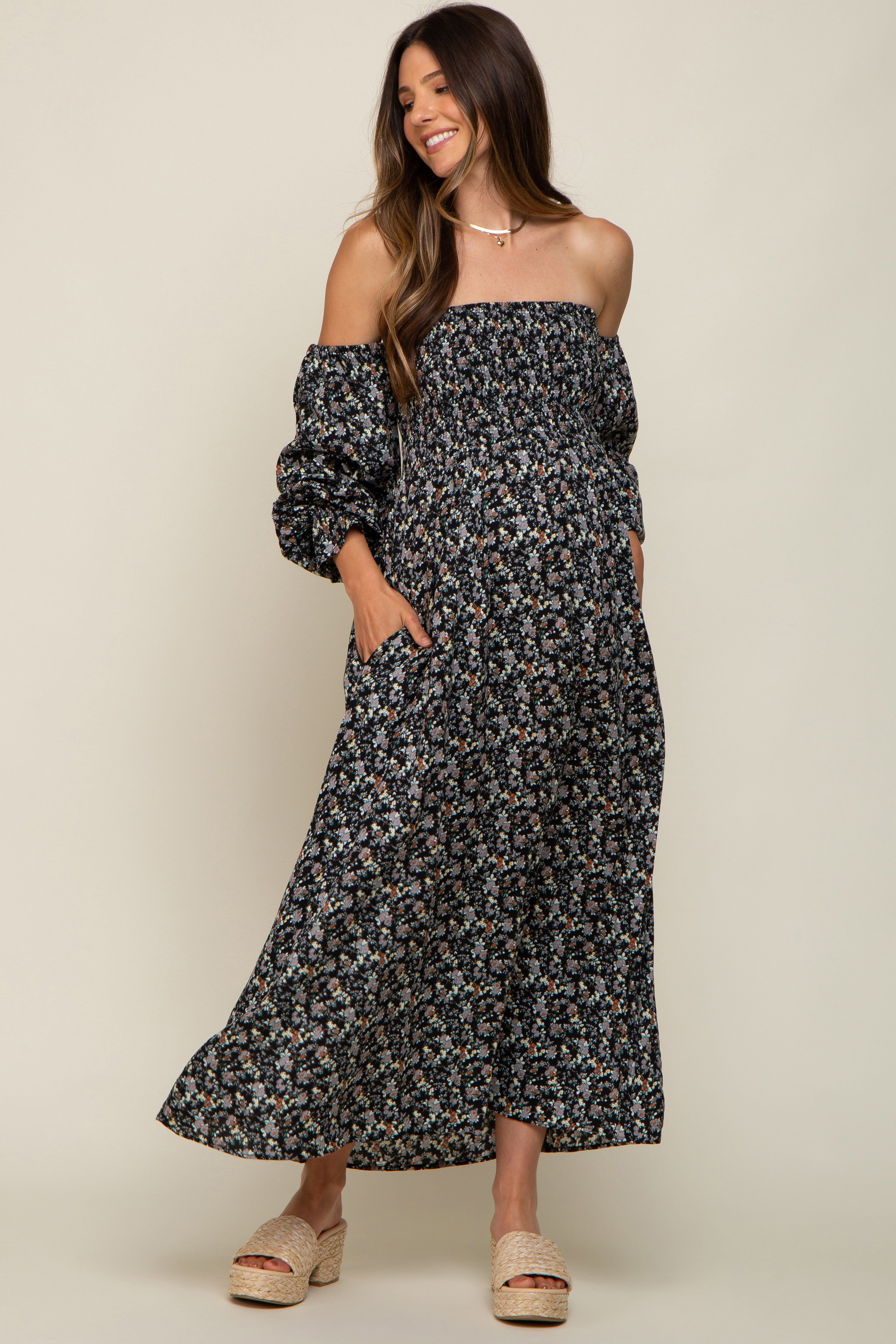 Black Floral Square Neck Smocked Long Sleeve Maternity Maxi Dress sold by Pinkblush