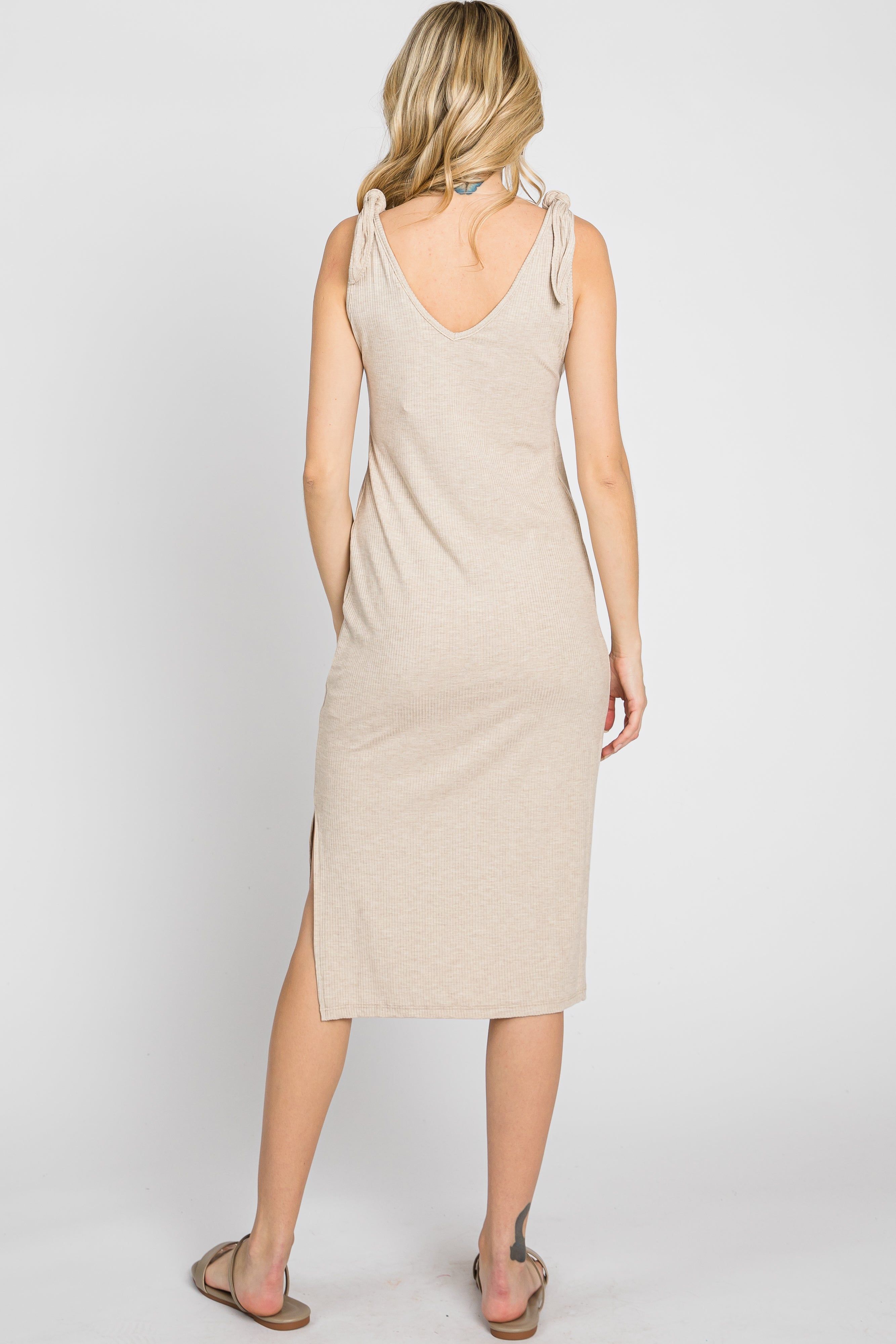 Beige Ribbed Shoulder Tie Midi Dress sold by Pinkblush product image thumbnail 4