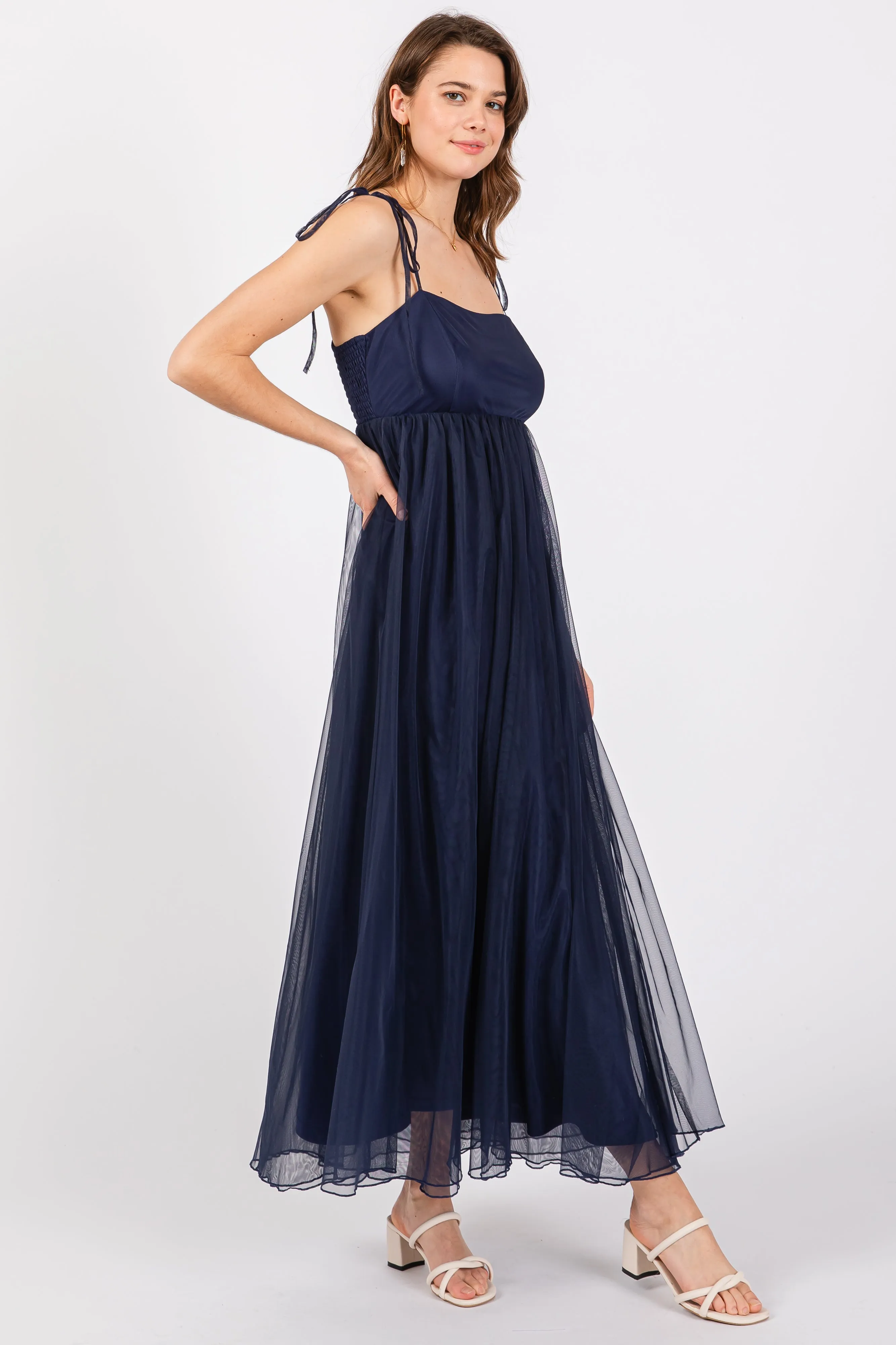 Navy Blue Square Neck Shoulder Tie Tulle Maxi Dress sold by Pinkblush product image thumbnail 2