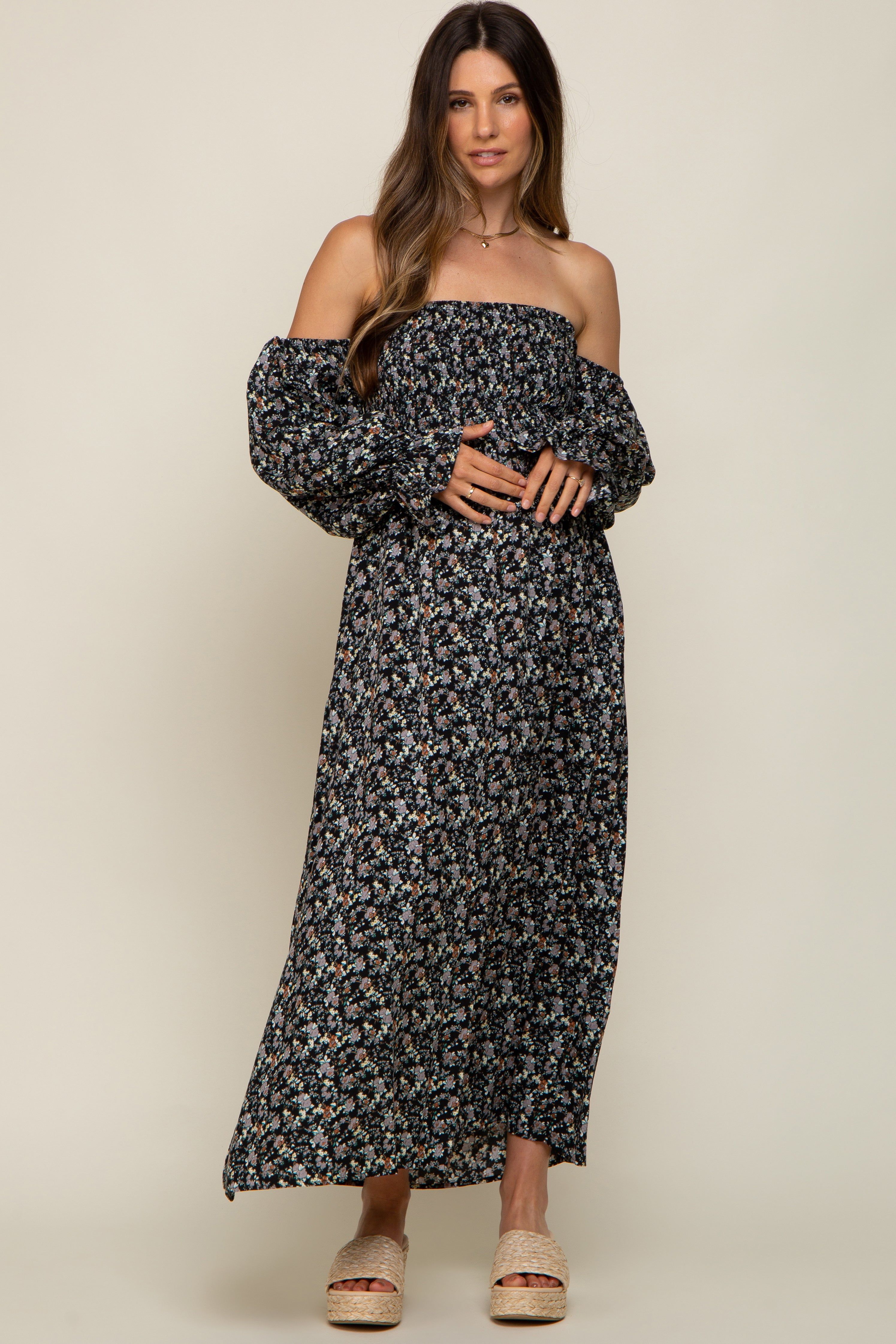 Black Floral Square Neck Smocked Long Sleeve Maternity Maxi Dress sold by Pinkblush product image thumbnail 5