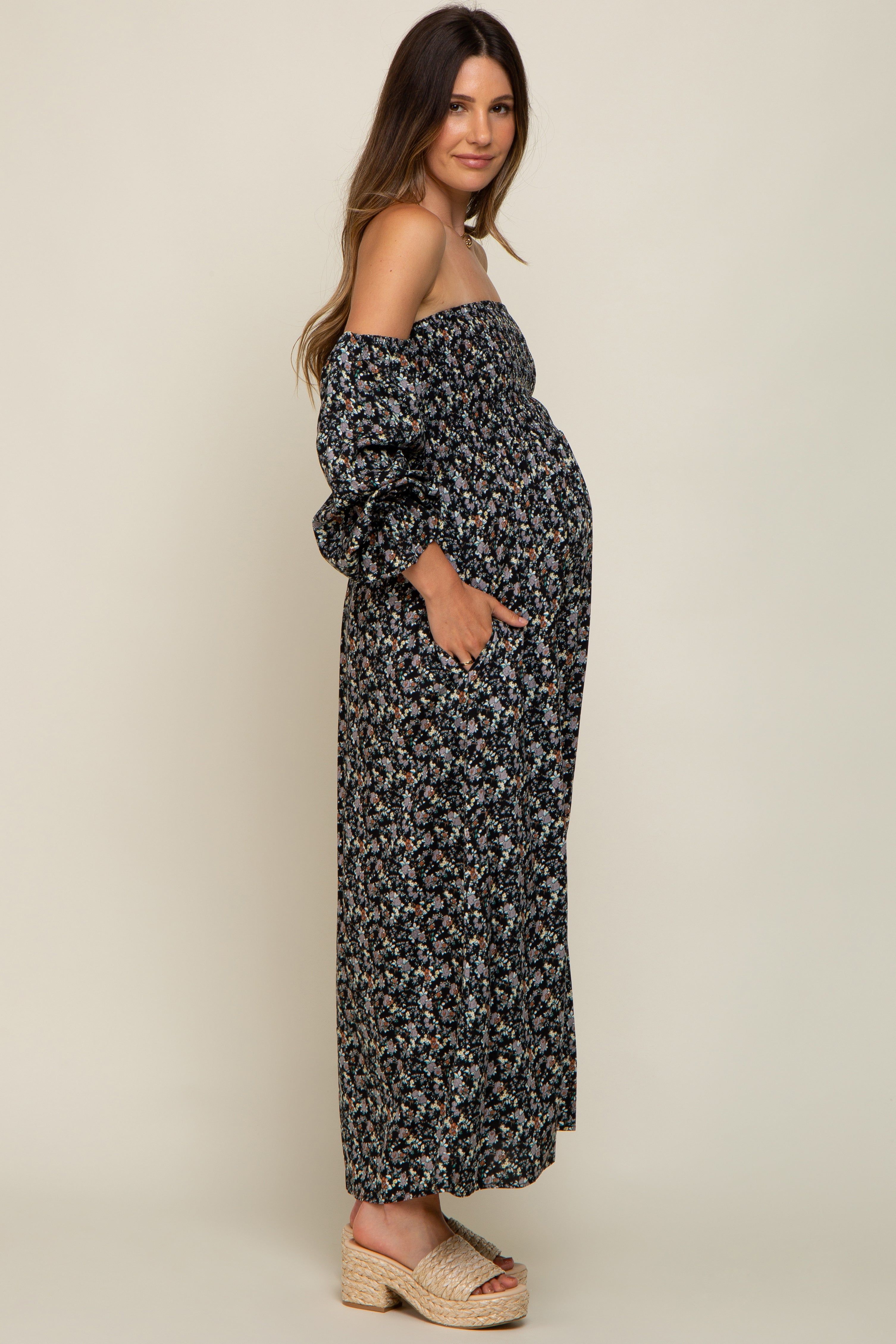 Black Floral Square Neck Smocked Long Sleeve Maternity Maxi Dress sold by Pinkblush product image thumbnail 2